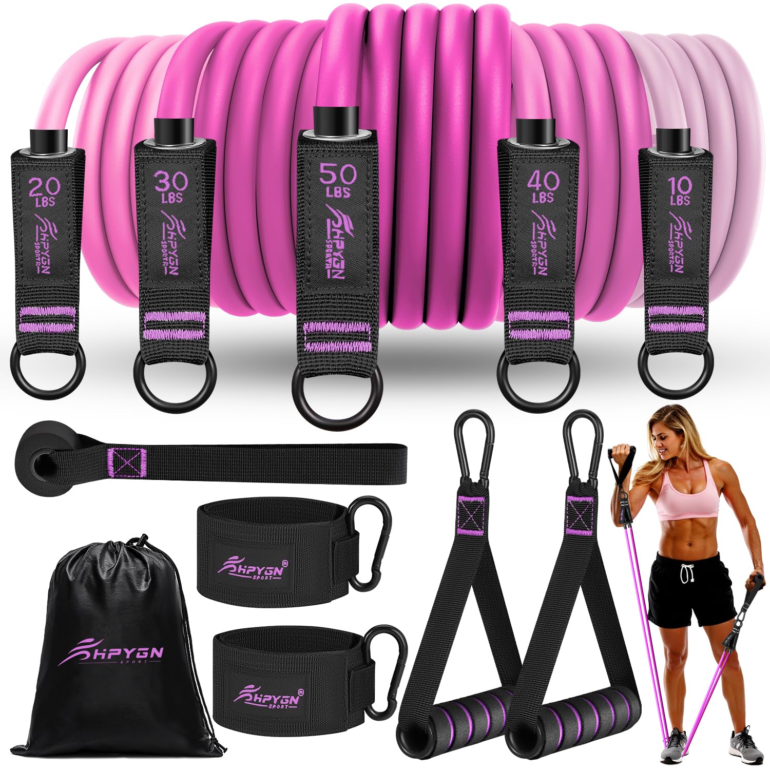 HPYGN Resistance Bands Set with Handles, Exercise Bands Stackable up to 150lbs, Resistance Bands with Door Anchor & Ankle Straps for Fitness, Strength, Yoga, Home Gym Equipment for Women and Men — image 1