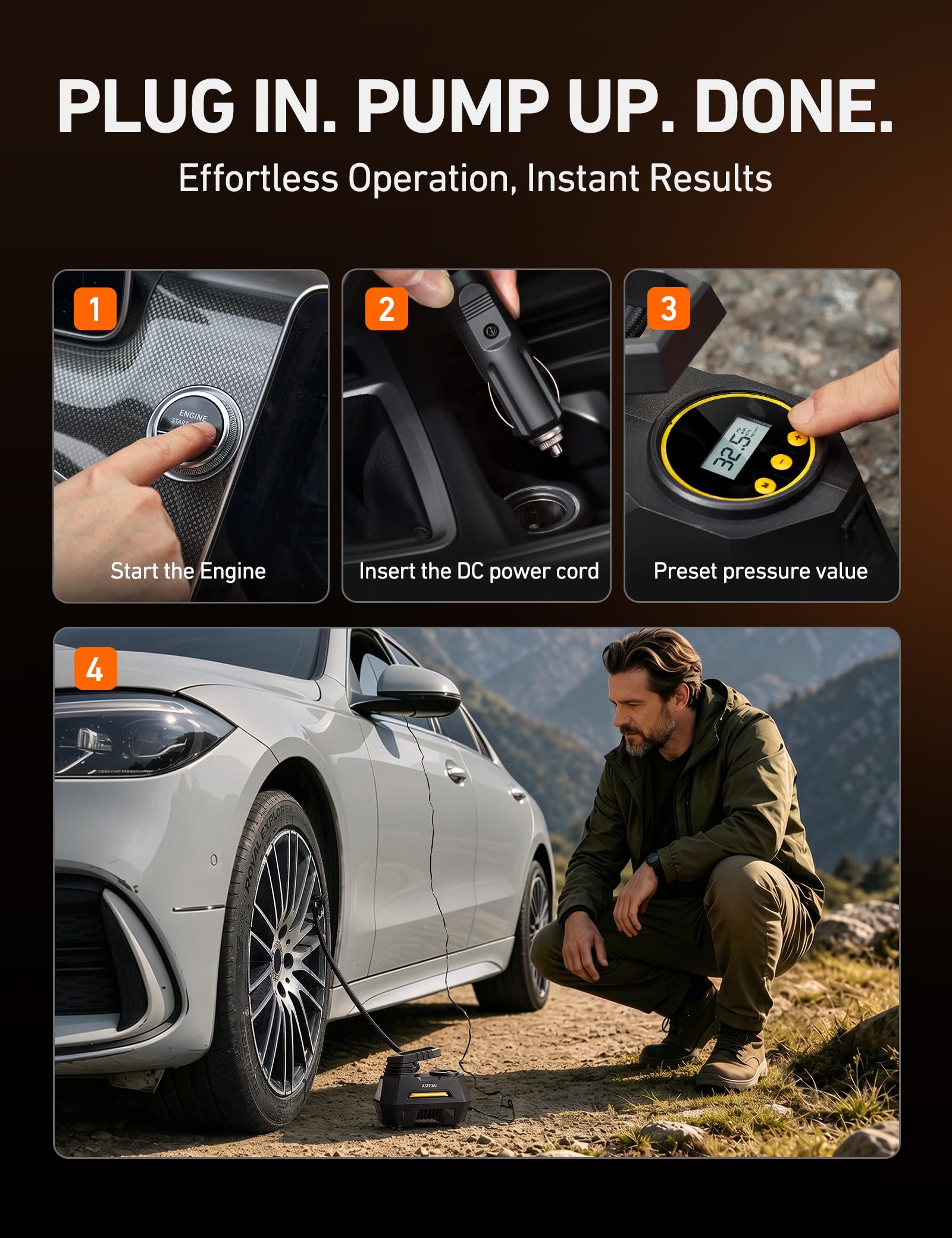 AstroAI AIRUN H1 Tire Inflator Portable Air Compressor,Fast Inflation Electric Air Pump for Car Tires-Car Accessory,9.8Ft Cord-12VDC-Powered Auto Shut-Off with Digital Pressure Gauge,LED Light,Yellow view 6