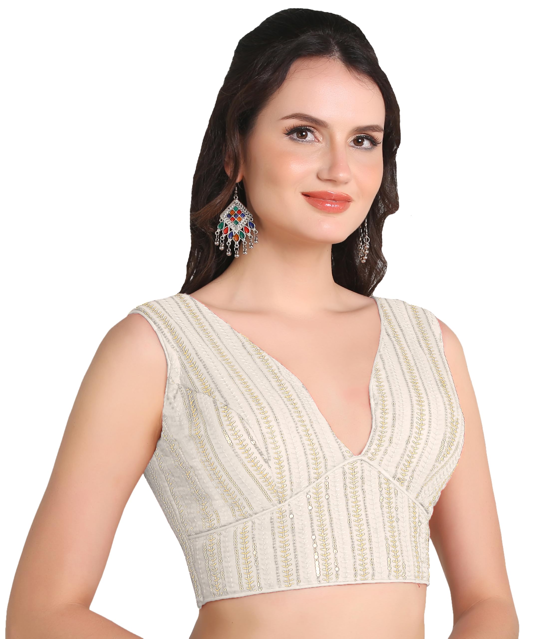 Pujia Mills Women's Indian Ethnic Wear Sabyasachi Sequence With Dhaga Embroidered Zari Work Sweetheart Neck Blouse Sleeveless Readymade Padded Saree Back Open String Pattern Blouse