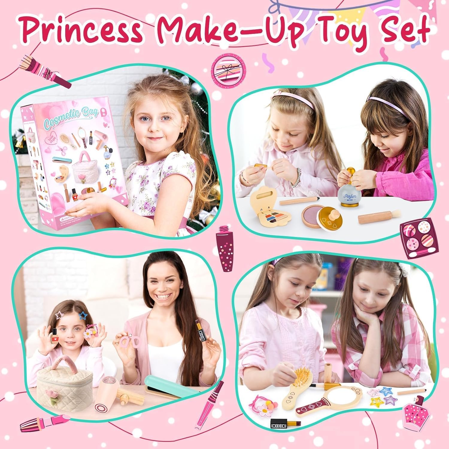Set Trucchi Bambina in Legno Finti, Set di Trucchi e Parrucchiere in Legno con Rossetto Profumo Giocattoli per Bambini Ragazza 3 4 5 6 7 8 Anni