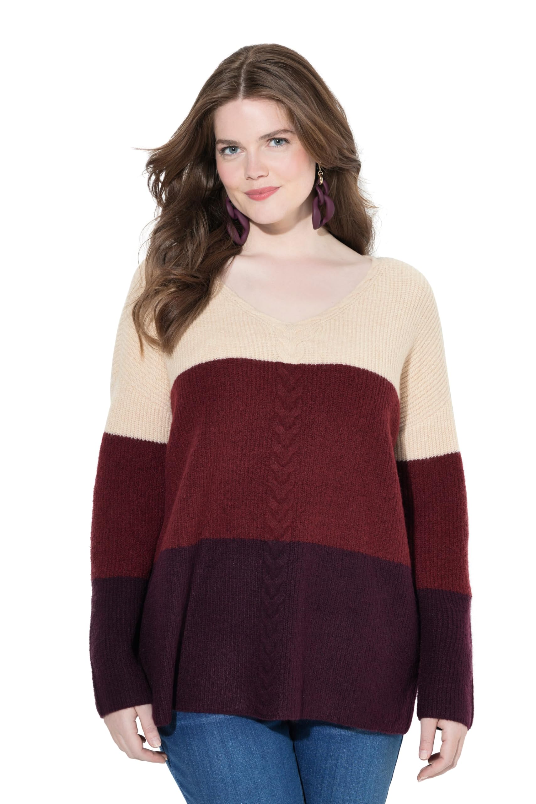 Ulla Popken Damen große Größen Übergrößen Plus Size Pullover, Streifen, Zopfmuster, V-Ausschnitt, Langarm 841012