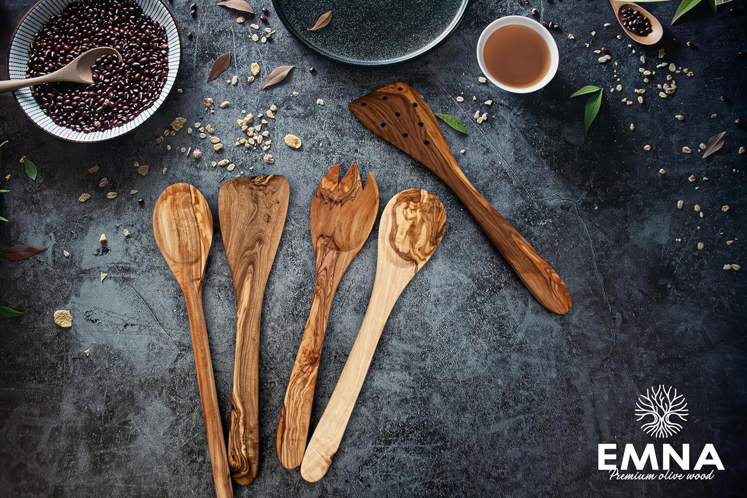 EMNA – Olivenholz 5-teiliges Küchenutensilien-Set aus luxuriösem handgefertigtem Olivenholz, 30 cm Kochlöffel, flacher & geschlitzter Pfannenwender, Salatbesteck, Nachhaltig, antibakteriell Küche
