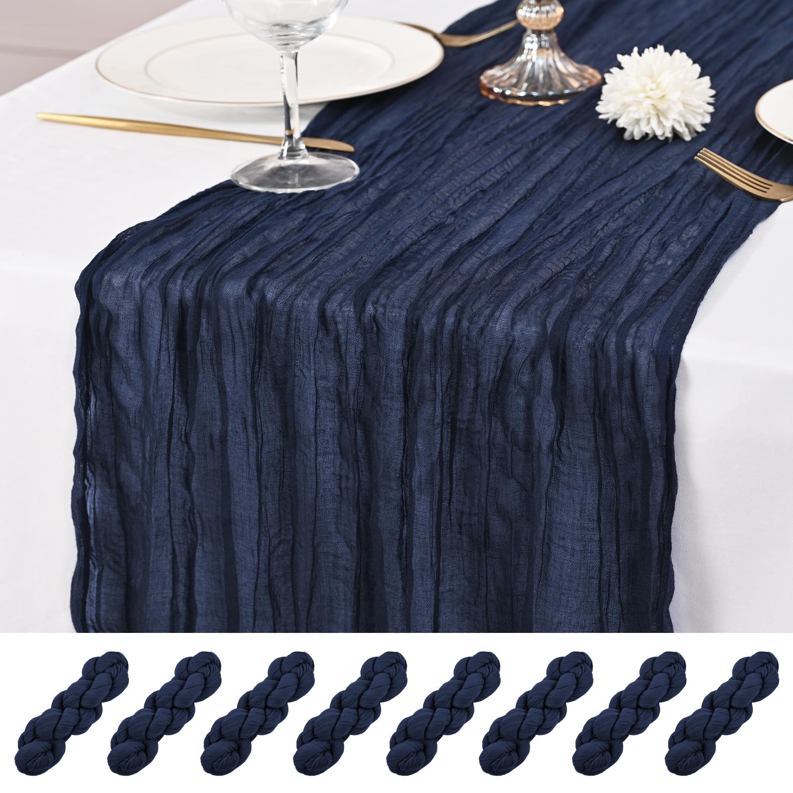 8 Pcs Navy Blue Cheesecloth Table Runner, 21x120 inch Blue Table Runner Rustic Gauze Romantic Long Sheer Fabric 10Ft Cheese Cloth Table Runners for Wedding Party Bridal Baby Shower — image 1