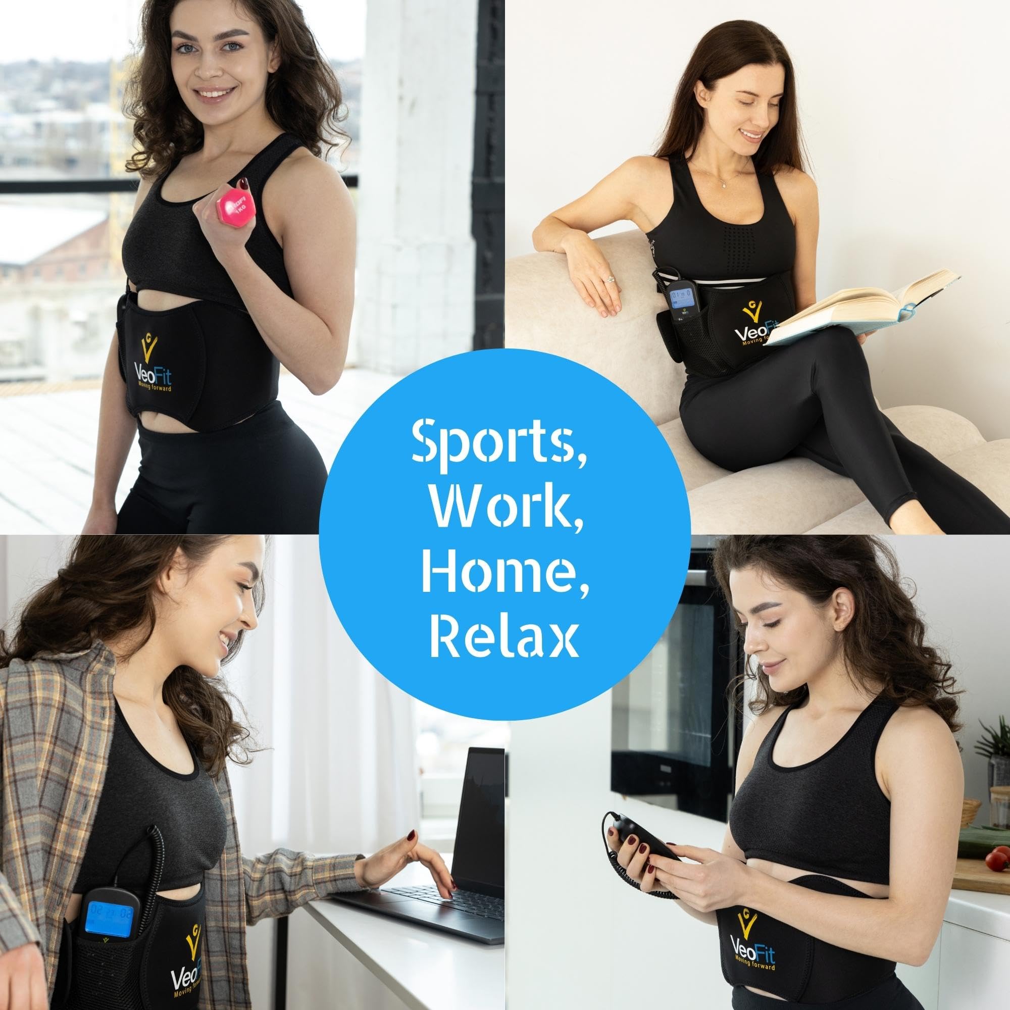 VEOFIT Ceinture Abdominale Electrostimulation et Musculation EMS- Appareil Electrostimulateur Musculaire Abdominaux Homme et Femme - 10 Programmes 99 Intensités - Sans fil, avec gel-Taille maxi 140 cm