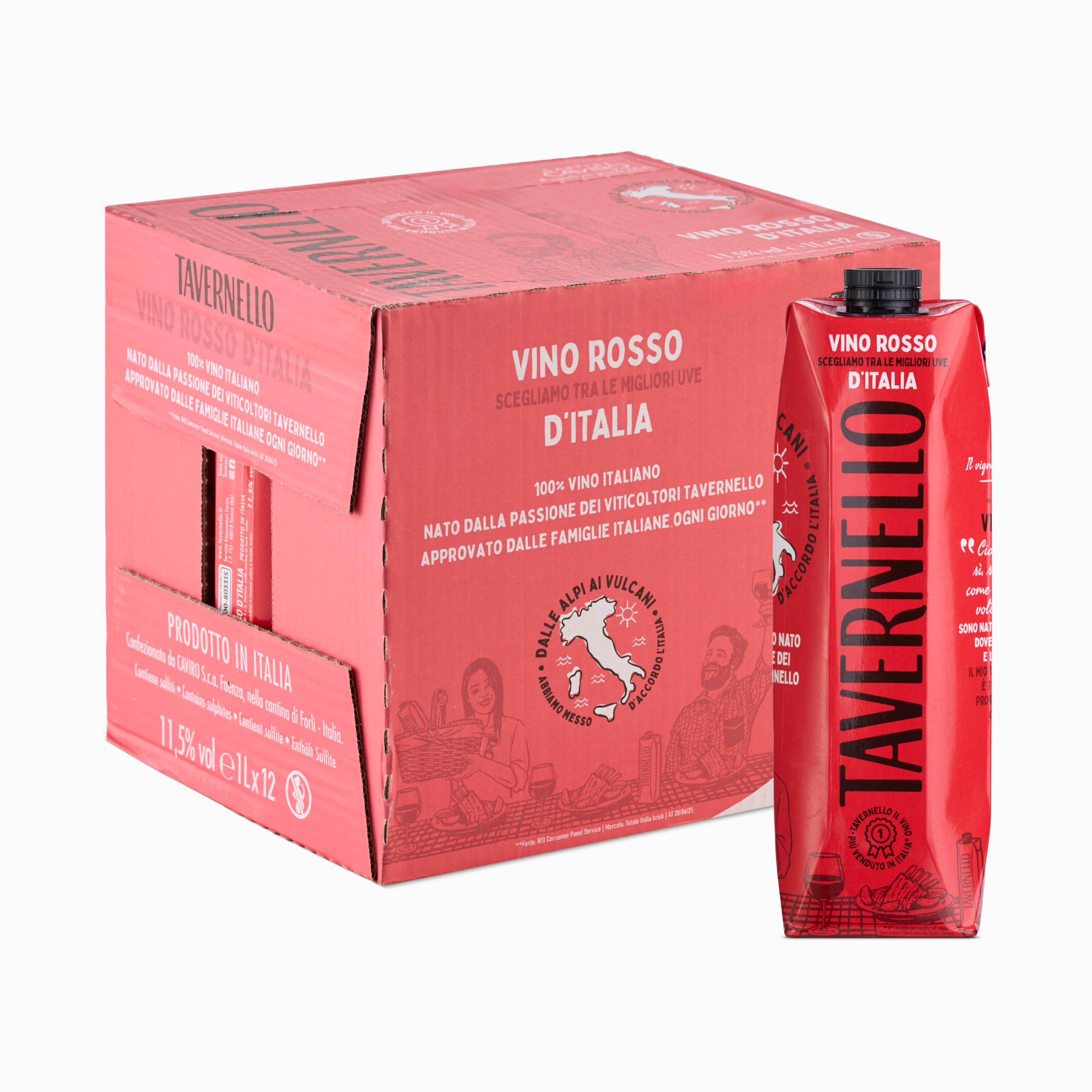 Tavernello Classico Vino Rosso d'Italia, Vino Equilibrato e Profumato, 11% Vol, Confezione con 12 Brik da 1 L