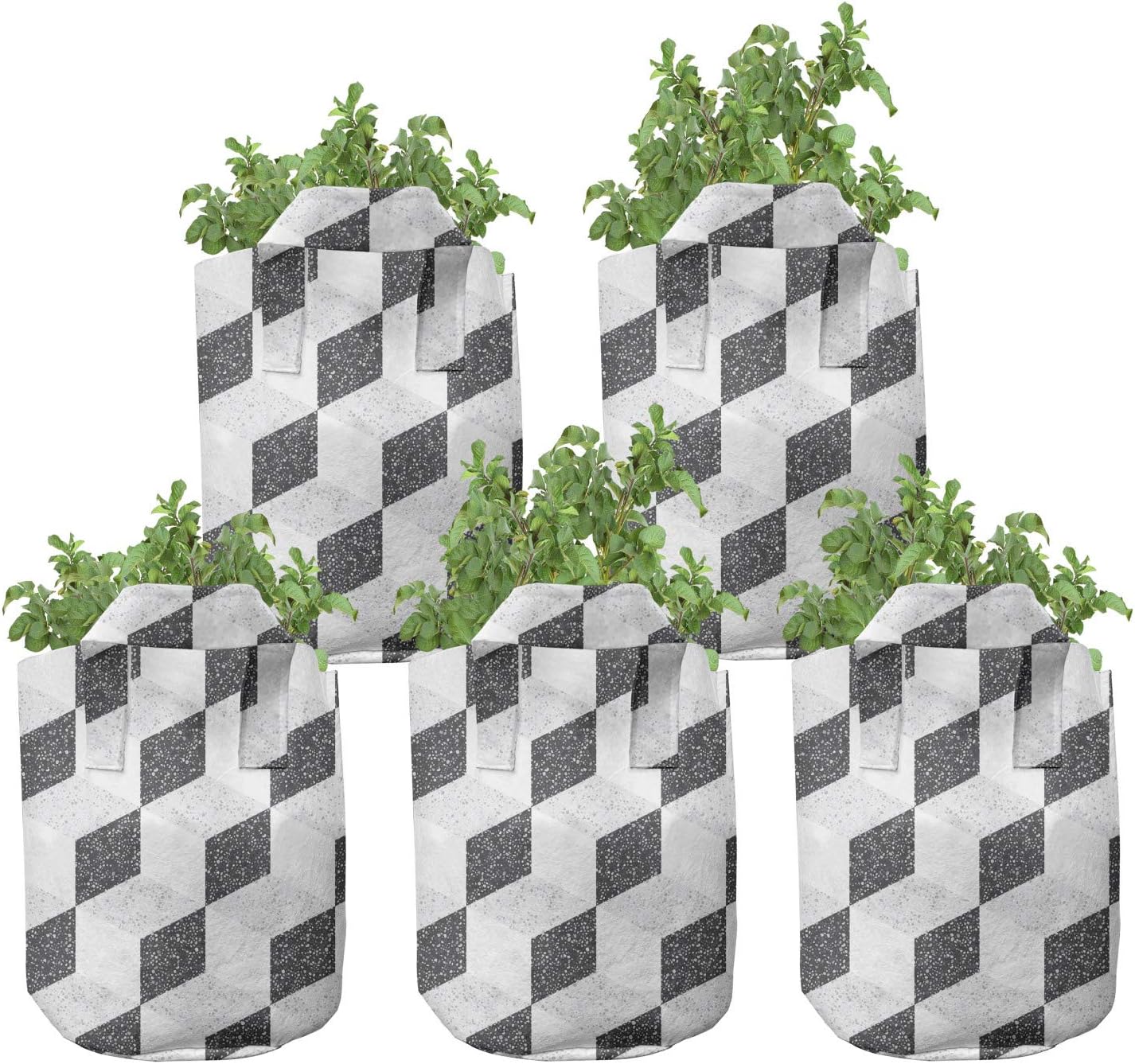 Ambesonne Mosaic Grow Bags 5-Pack, Abstract Rhombuses Images, Heavyduty Fabric Pots with Handles for Plants, Dark Grey and White