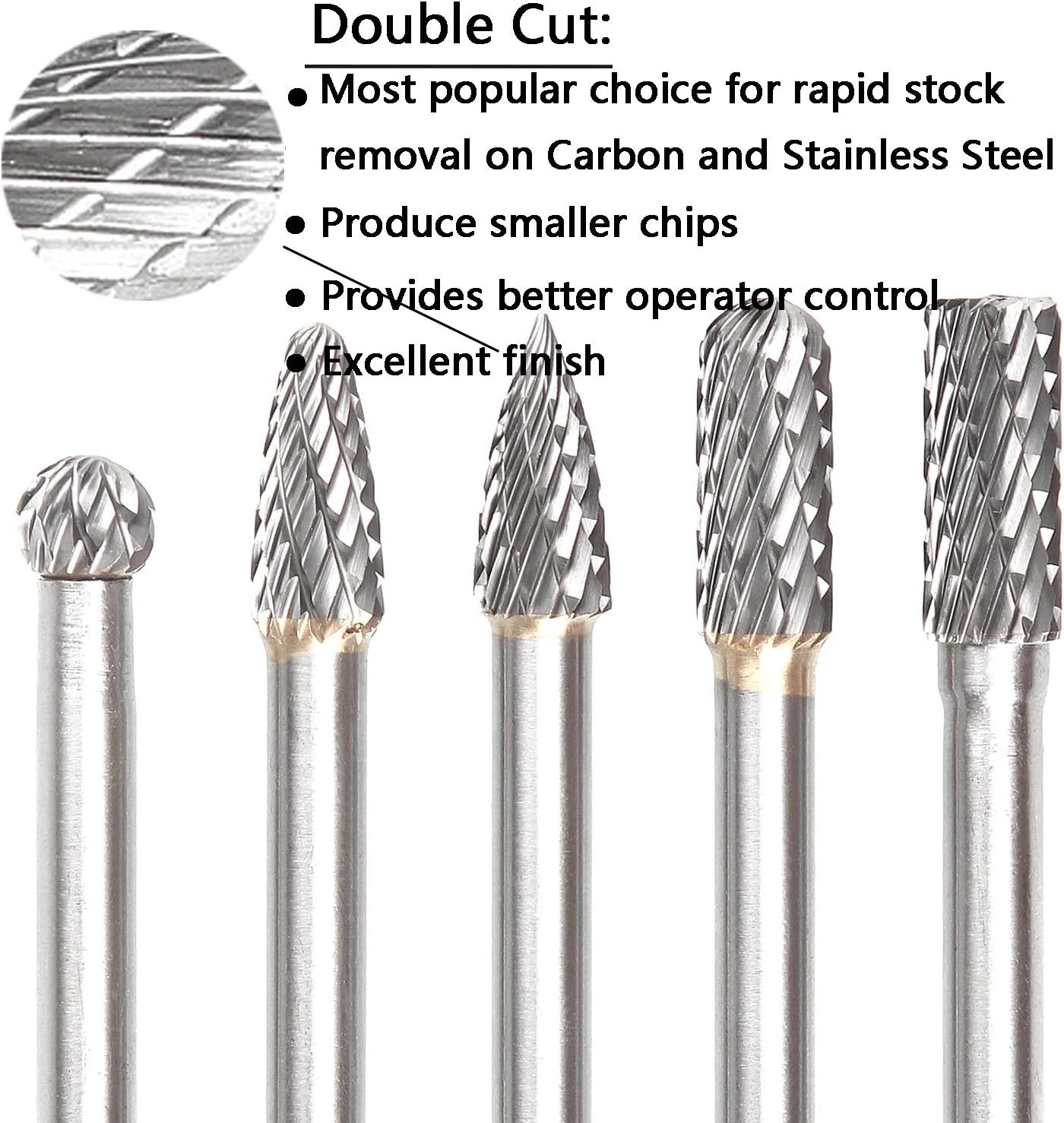 Acrux7 Carbide Burr Set 1/4 Shank, 5 pcs Double Cut Carbide Burr Set 8MM Head Die Grinder Bits for DIY Woodworking, Metal Carving, Engraving