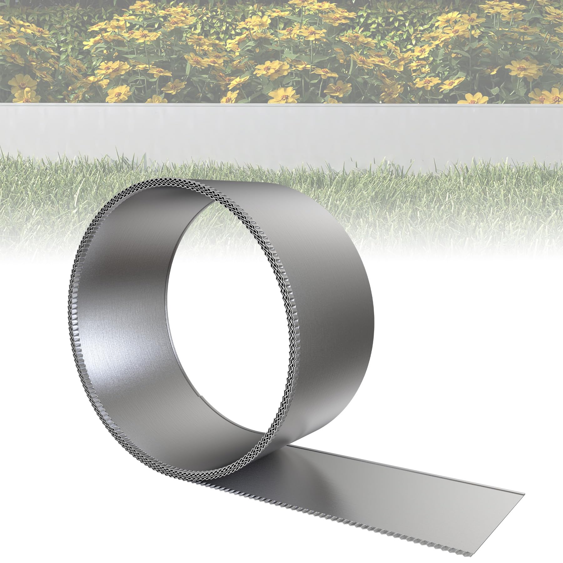 ACXIN Metall Rasenkante 15 cm hoch, verzinkte Oberfläche, Vielseitige Beeteinfassung für Rindenmulch, als Mähkante oder Baumring, Robust, Flexibel und Schnell zu Installieren(Silber, 5M)
