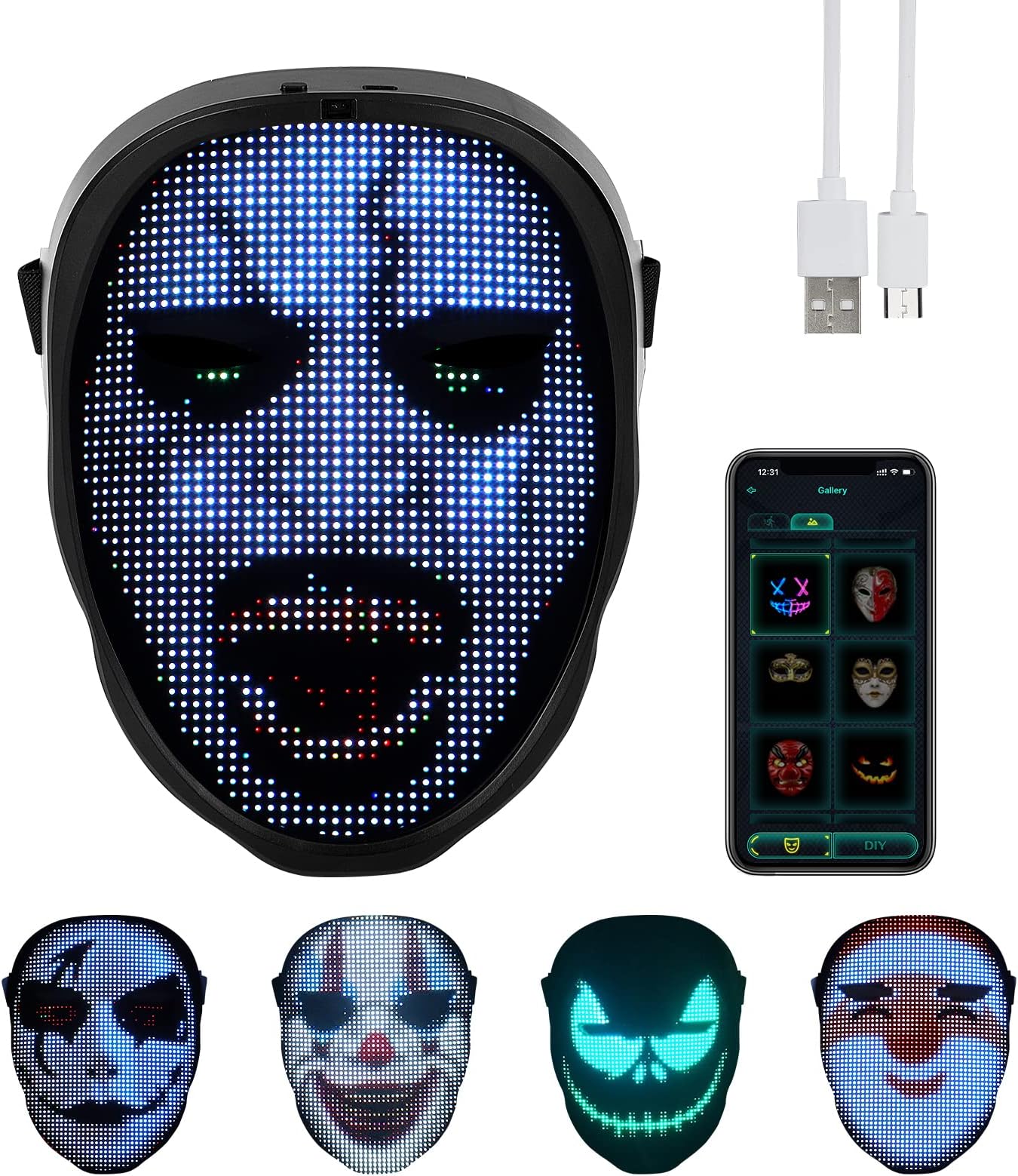LED Mask with Bluetooth Programmable, Rechargeable Light Up Mask, Gesture Change, Customizable Pictures, for Cosplay, Masquerade, Birthday Party, Nightclub, Music Festival, Halloween