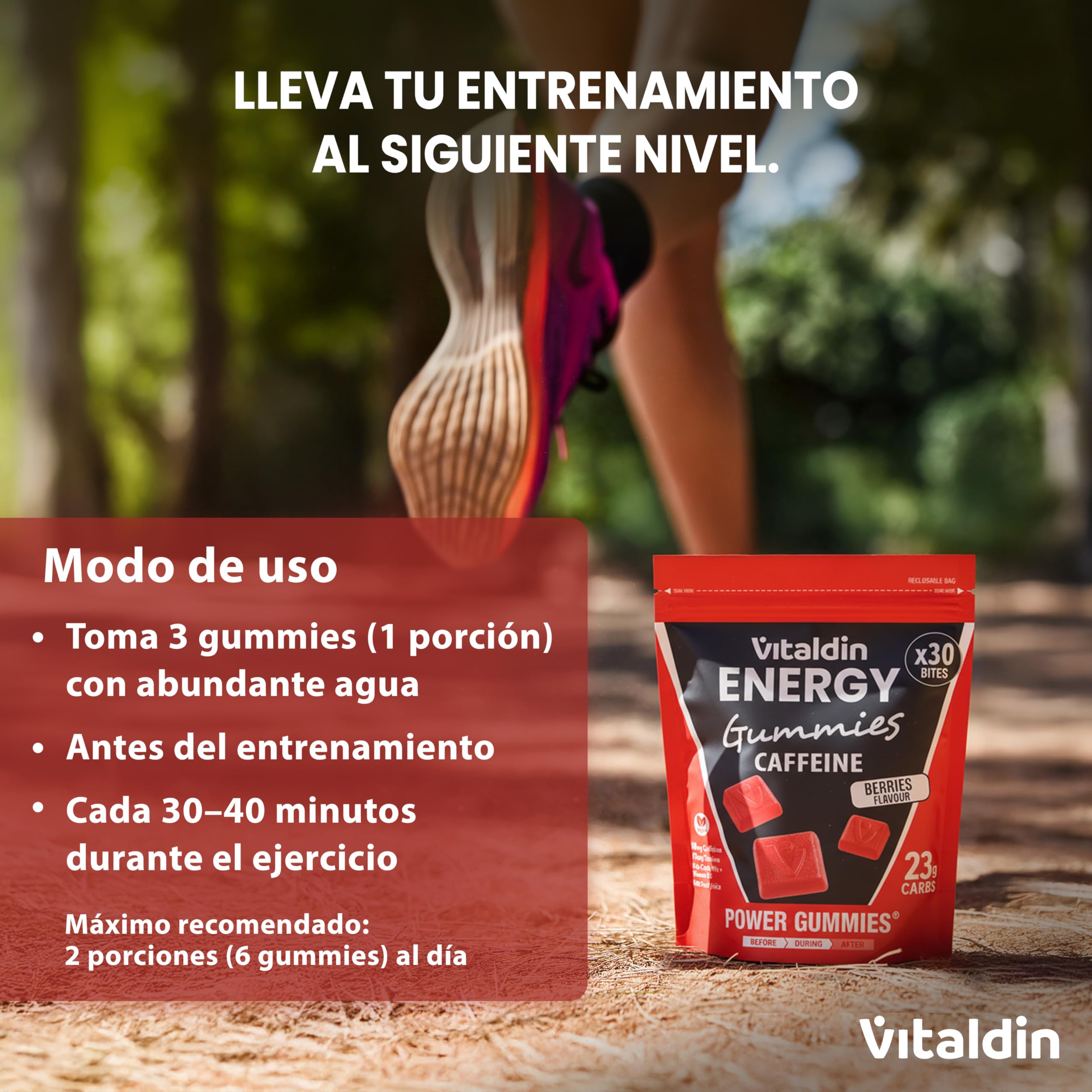 VITALDIN SPORT Power Gummies Caffeine & Taurine – 80 mg Cafeína, 40 mg Taurina por serving + Vitamina B6 – Doypack de 30 Bites de gominola – Sabor frutos rojos – Vegano