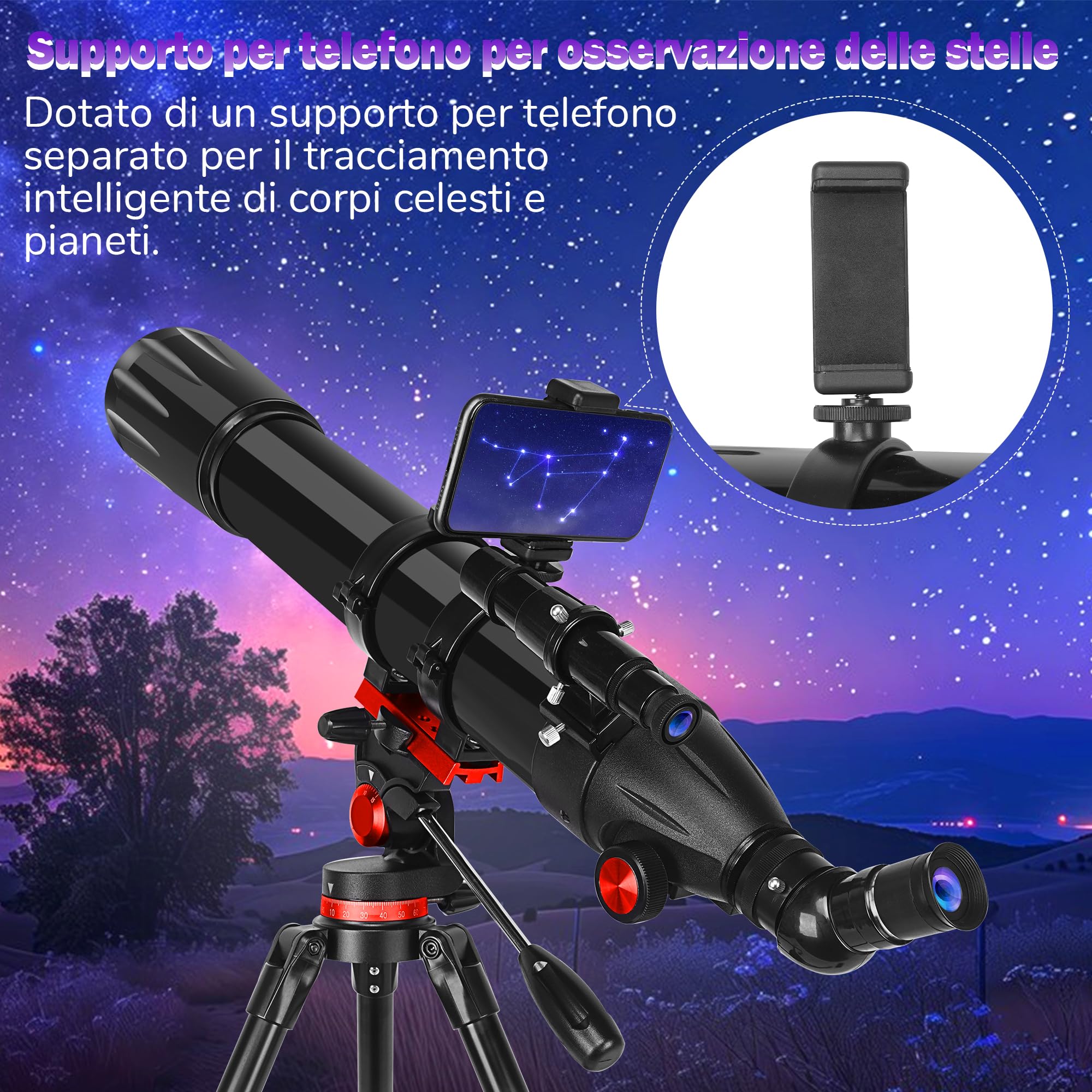 HETEKAN Telescopio, Telescopio Astronomico Professionale, 90/900 mm (36X-450X) Telescopios Rifrattore per Adulti Bambini e Principianti, per Osservazioni Planetarie, con Adattatore per Cellulare