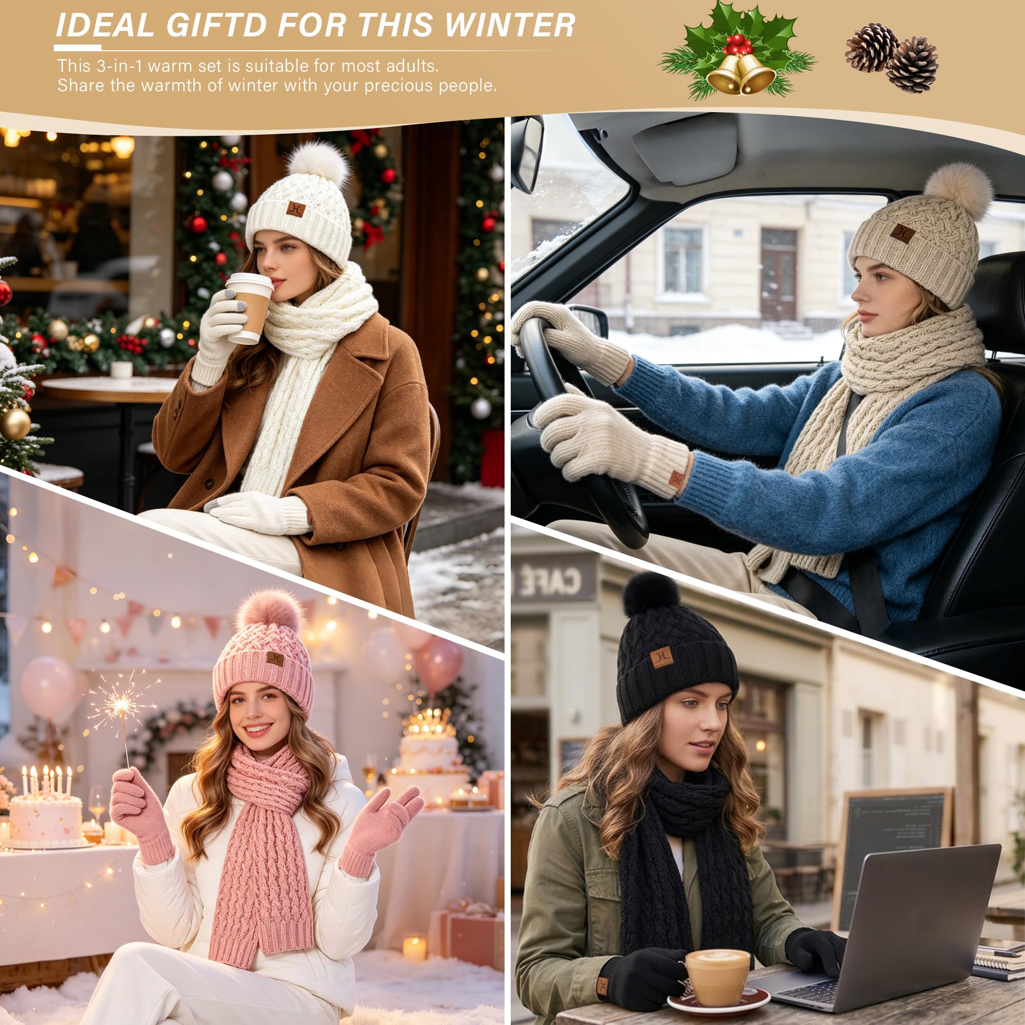 Bequemer Laden Femmes Hiver Bonnet Écharpe Longue Gants Tactiles Ensemble Bonnets Chaud Tricot avec Pompon Doublure Polaire Cadeau Femme