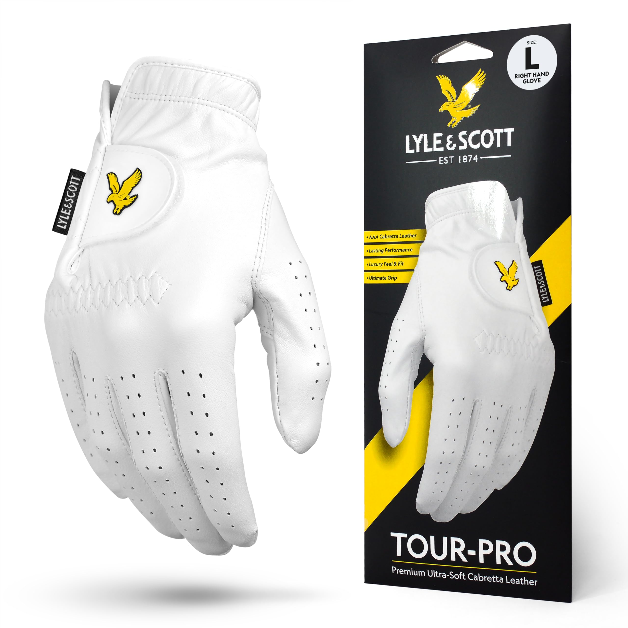 Lyle & Scott Tour Pro Premium Ultra Soft Cabretta Leather Golf Glove, Ultimate Grip, Moisture Control, Durable