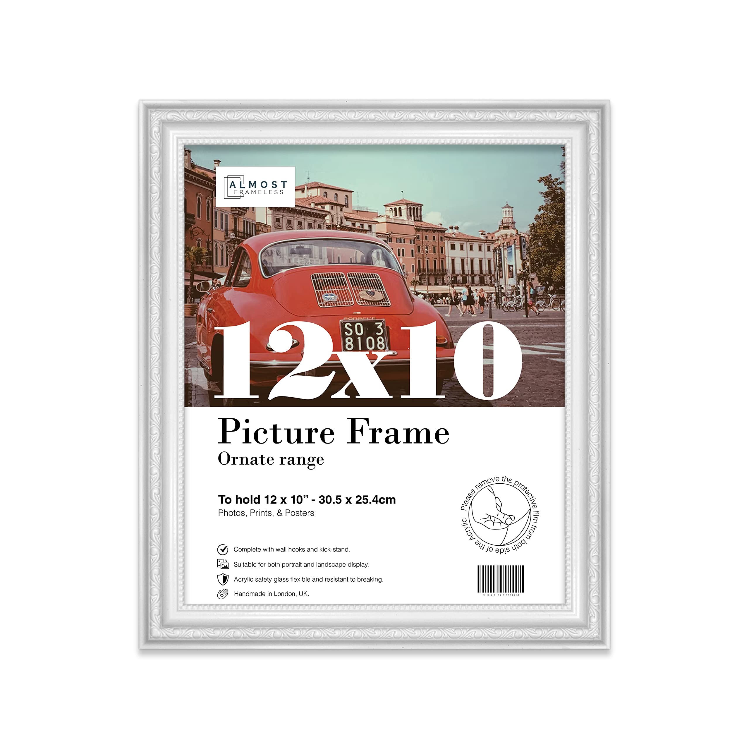 Almost Frameless 12x10 White Ornate Picture Frame 12"x10"(30.5x25.4cm) Poster, Photo, Artwork, or Print. Antique Style Portrait and Landscape Display with Wall Hooks