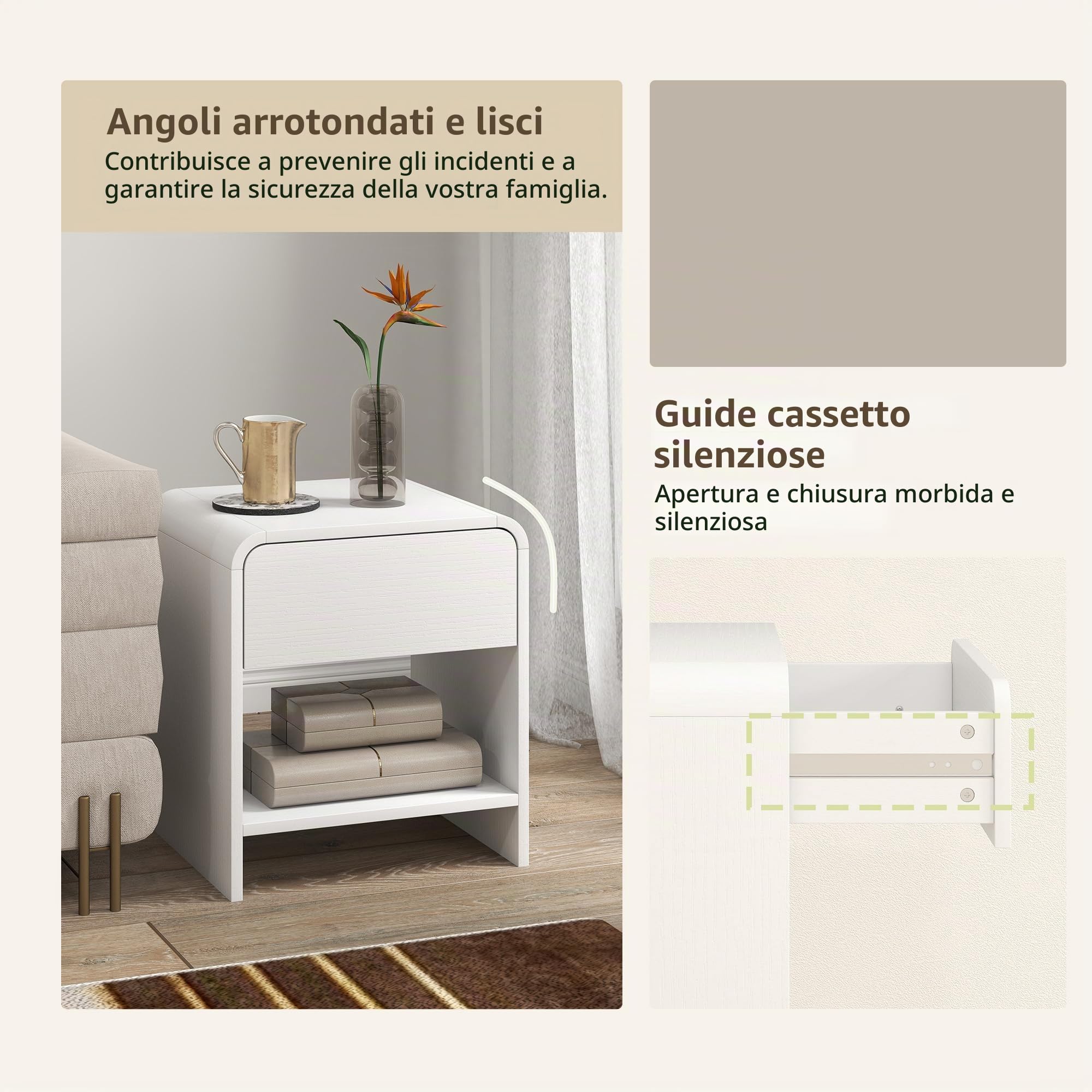 HOMCOM Comodino 2 pz., angoli arrot., cassetto, cam. letto, Bianco Usato