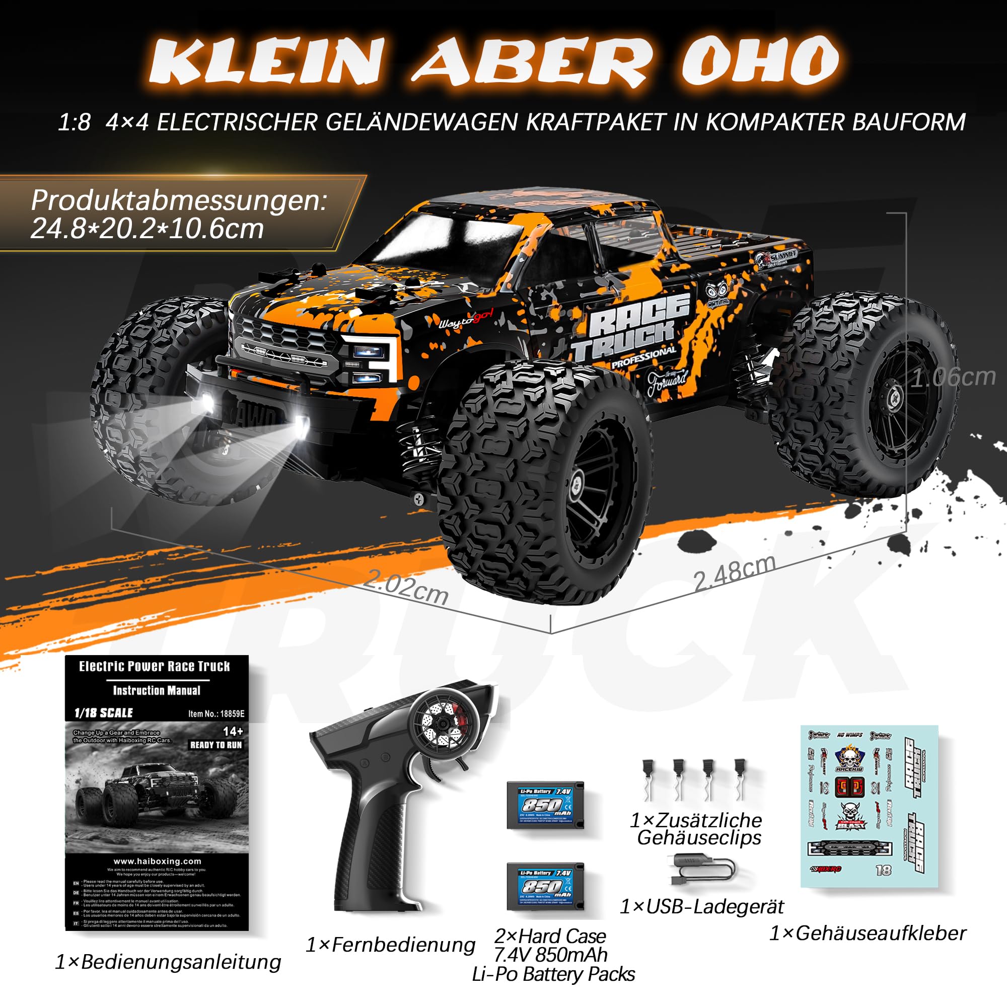 HAIBOXING Voiture Télécommandée 1:18 4WD Voiture RC Monster Truck | 36 km/h à grande vitesse, 2,4 GHz, étanche, tout terrain, Buggy RC Crawler, jouet pour adultes et enfants