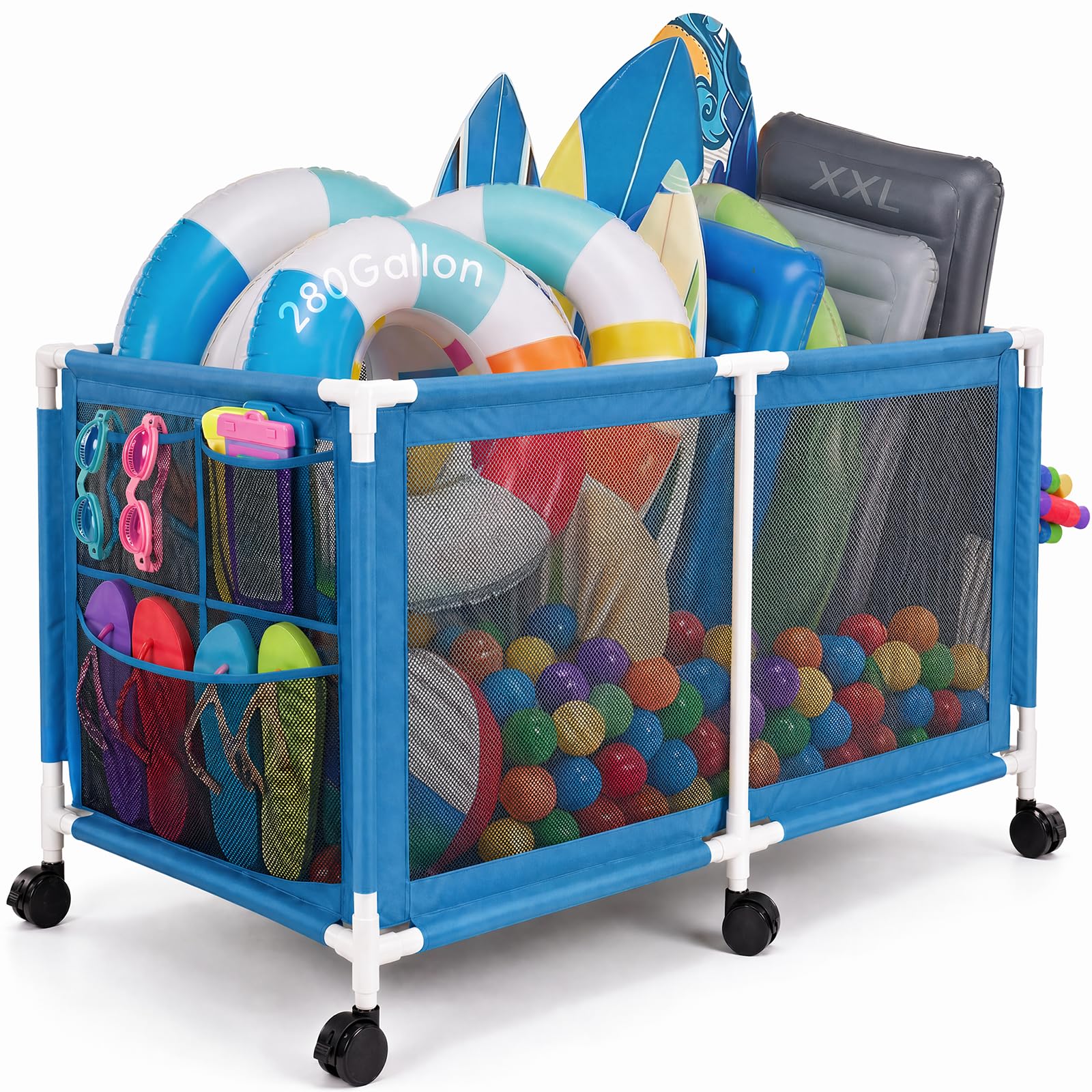 280 Gallon 69" Pool Storage Bin XXL Extra Large Swimming Pool Float Storage Bin, Pool Noodles Holder, Toys, Floats, Balls and Floats Equipment Mesh Rolling Bin for Garden Lawn, 69" Lx32 Wx35 H (Blue)