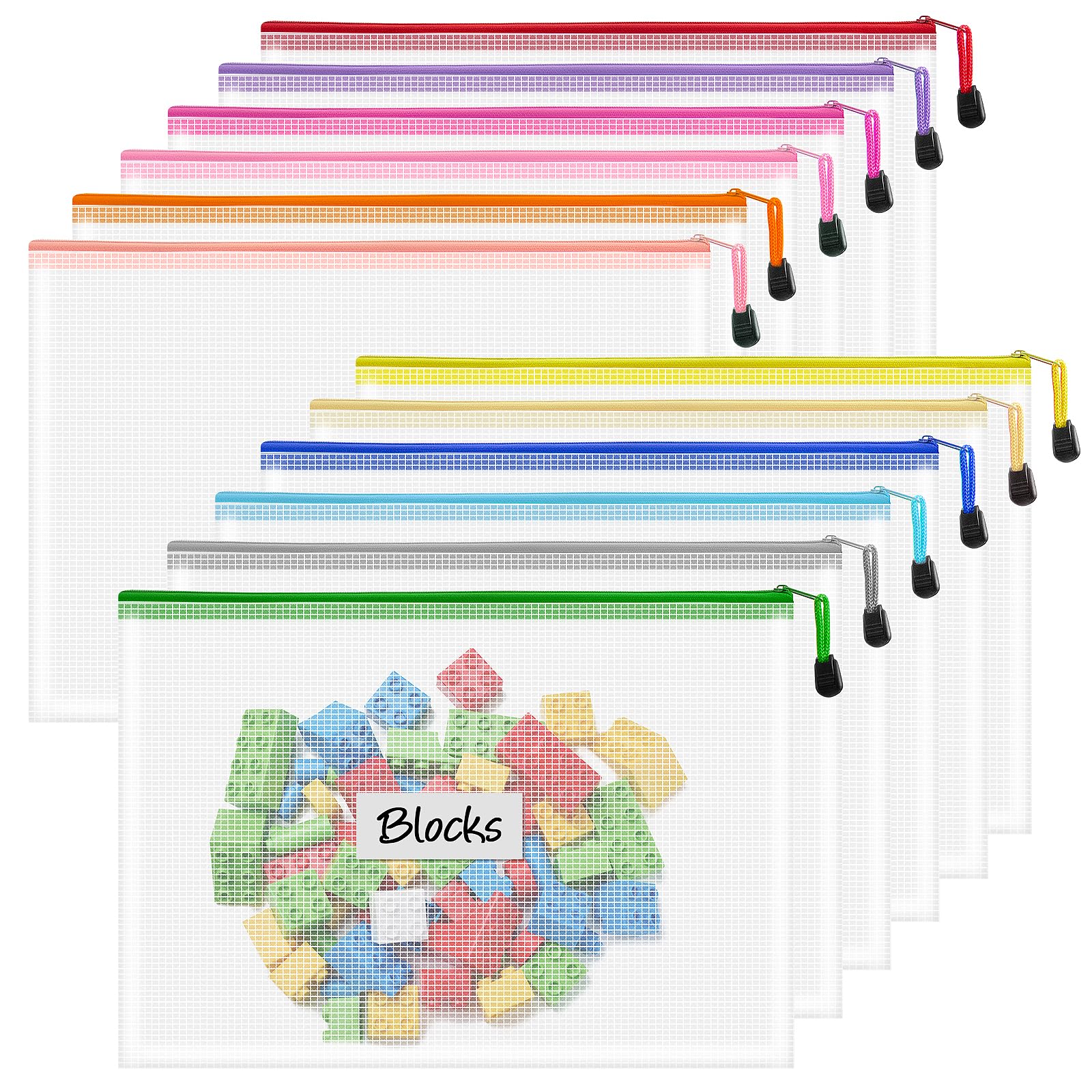 12pcs Zipper Pouch, A4 Storage Bags, 12 Colors Organization Pouches, File Bags, Clear Pouch, Plastic Bags, Reusable Zipper Pouches for Toys, Paper, School Office Supplies