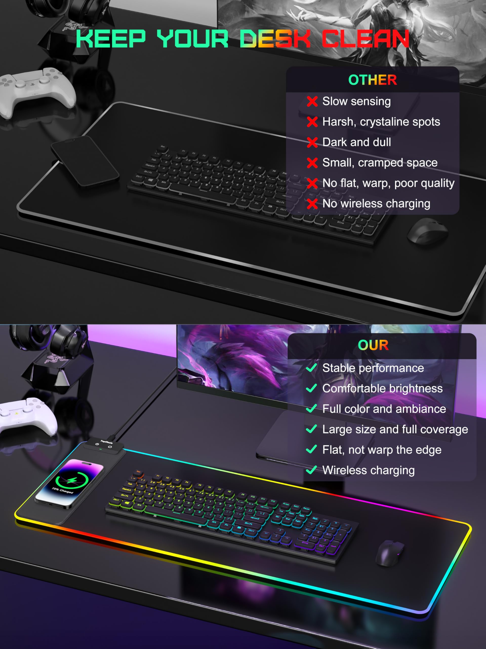 TopMade Alfombrilla de mouse RGB para juegos, alfombrilla de mouse de carga inalámbrica de 15 W con 13 modos de luz, superficie ultrasuave, base antideslizante, alfombrilla de teclado impermeable
