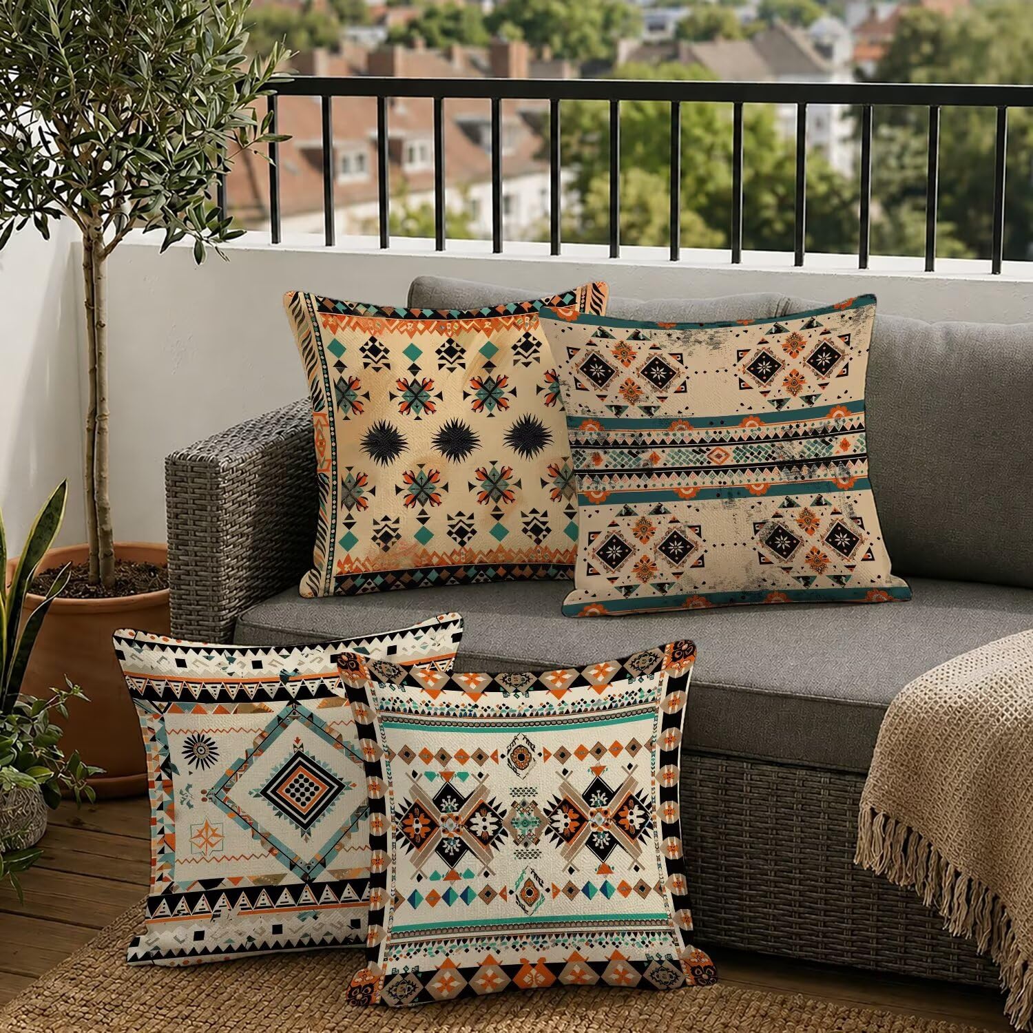 Set di 4 Federe Copricuscini 50x50 cm, Motivi Per Tappeti Federe per Cuscini Decorazioni in Lino con Cerniera Invisibile, Quadrati Impermeabile Cuscini da Esterno per Giardino Soggiorno (Boemia) L-8D
