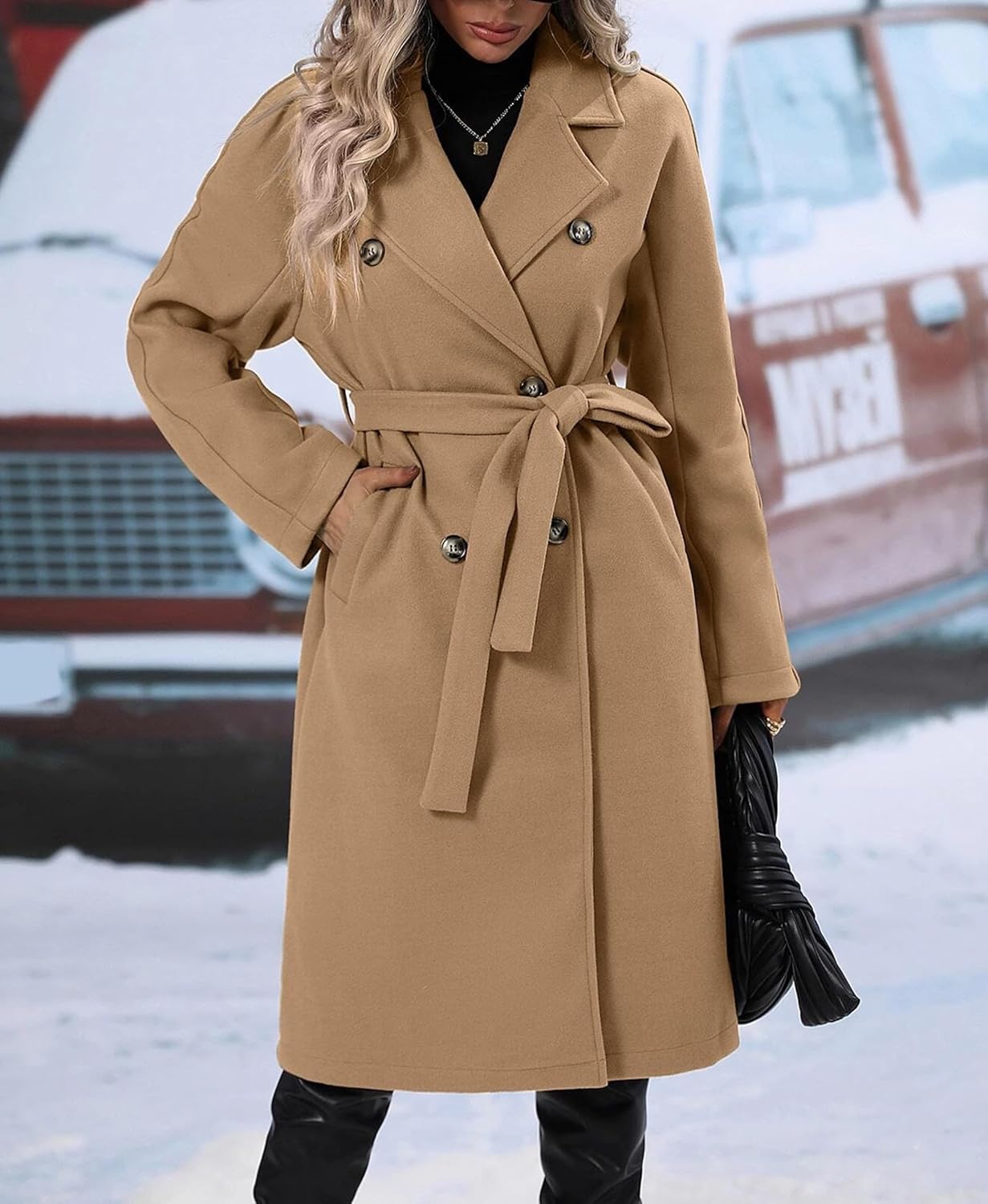 OPCAKM Women's Winter Wool Blend Pea Coat Double Breasted Notch Lapel Long Trench Coat - Image 2