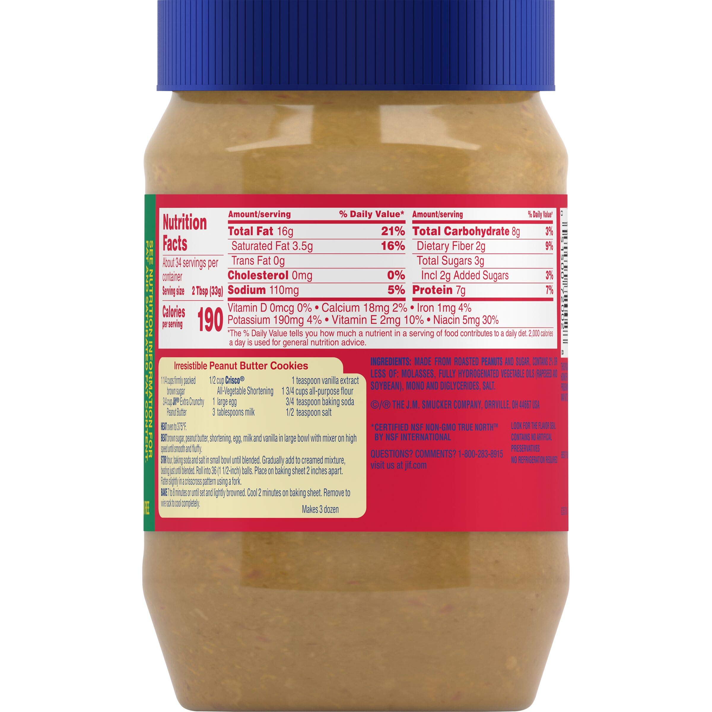 Jif Extra Crunchy Peanut Butter, 40 Ounces, 7g (7 DV) of Protein per Serving, Packed with