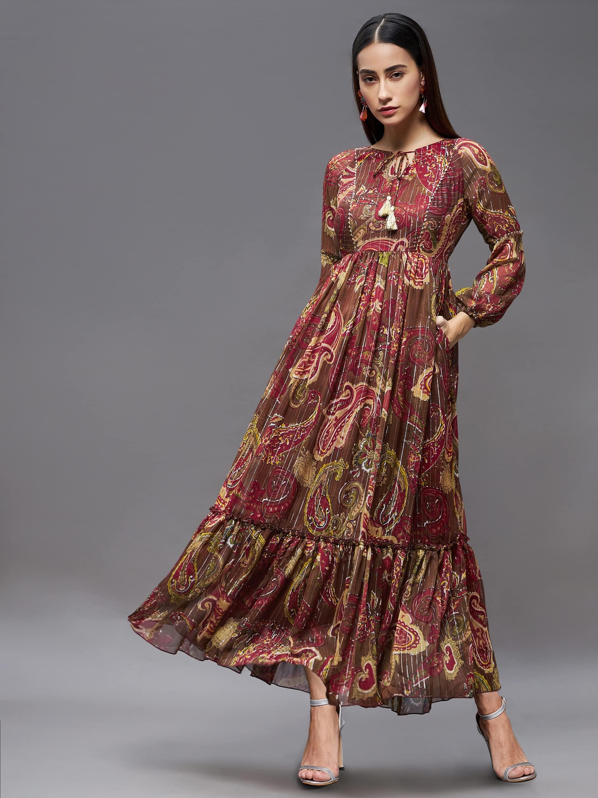 Miss Chase Women's Multicolored-Base-Brown Relaxed Fit Maxi Lurex Chiffon Dress (Mcss22D16-17-179-03, Brown, S)