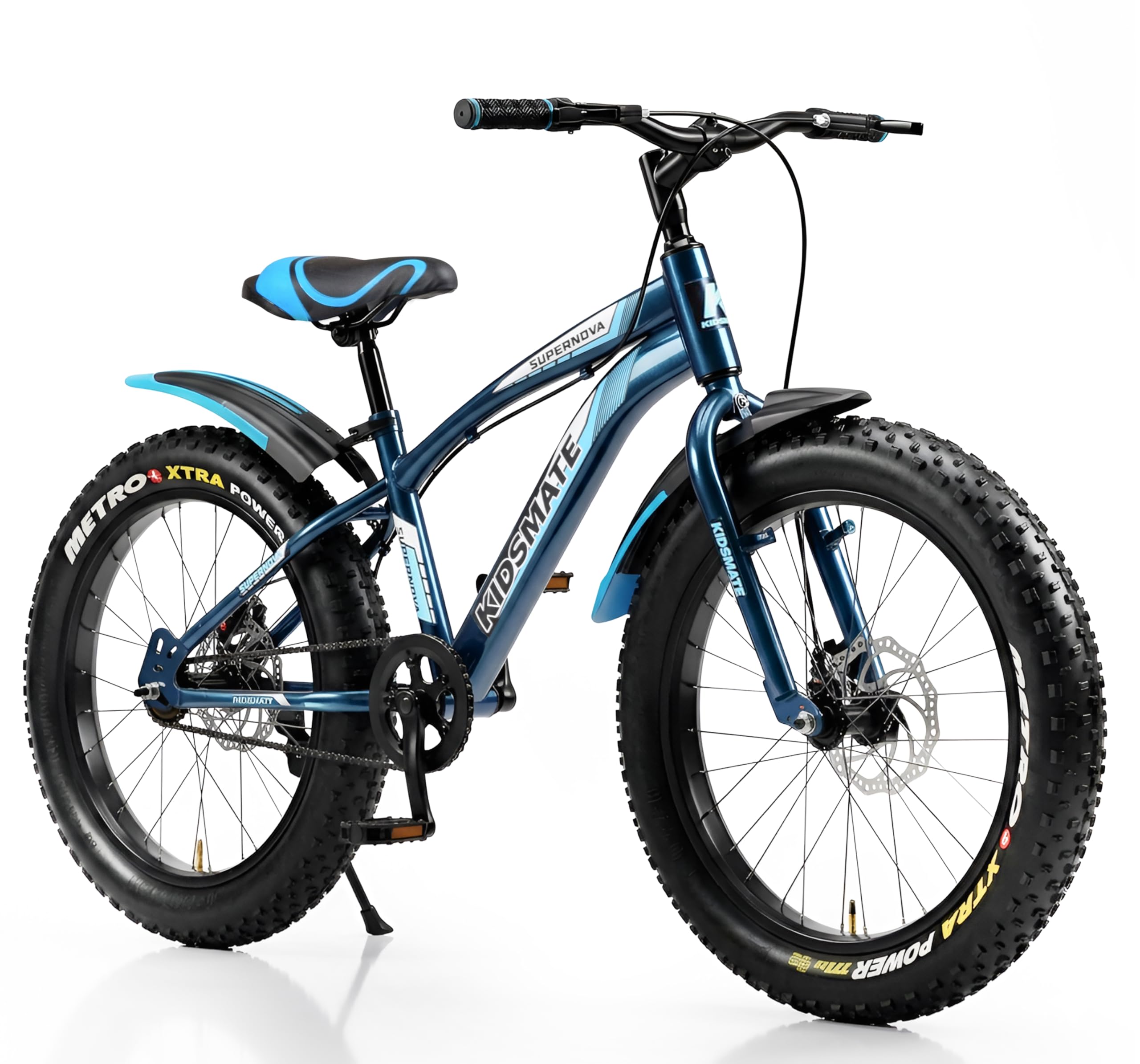 Kidsmate Supernova 20T Semi Fat Tire Cycle for Kids (7–10 Years) | Dual Disc Brake Bicycle with Rigid Fork | 20 x 3.0 Wide Tyres, Strong Steel Frame Bike for Kids - Stelios Blue-image-17