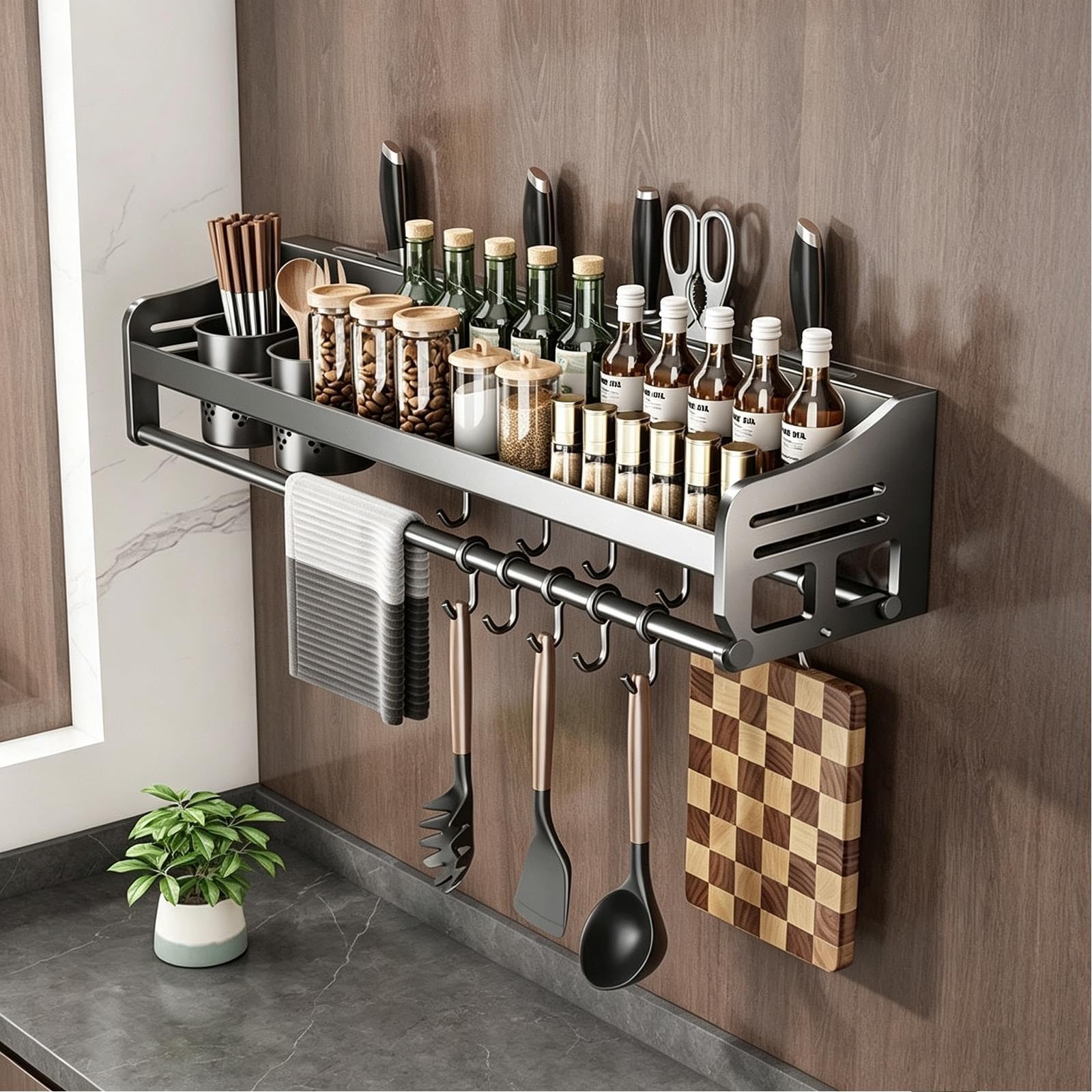 Estante Cocina Pared Acero Carbono, Soporte Utensilios con Ganchos