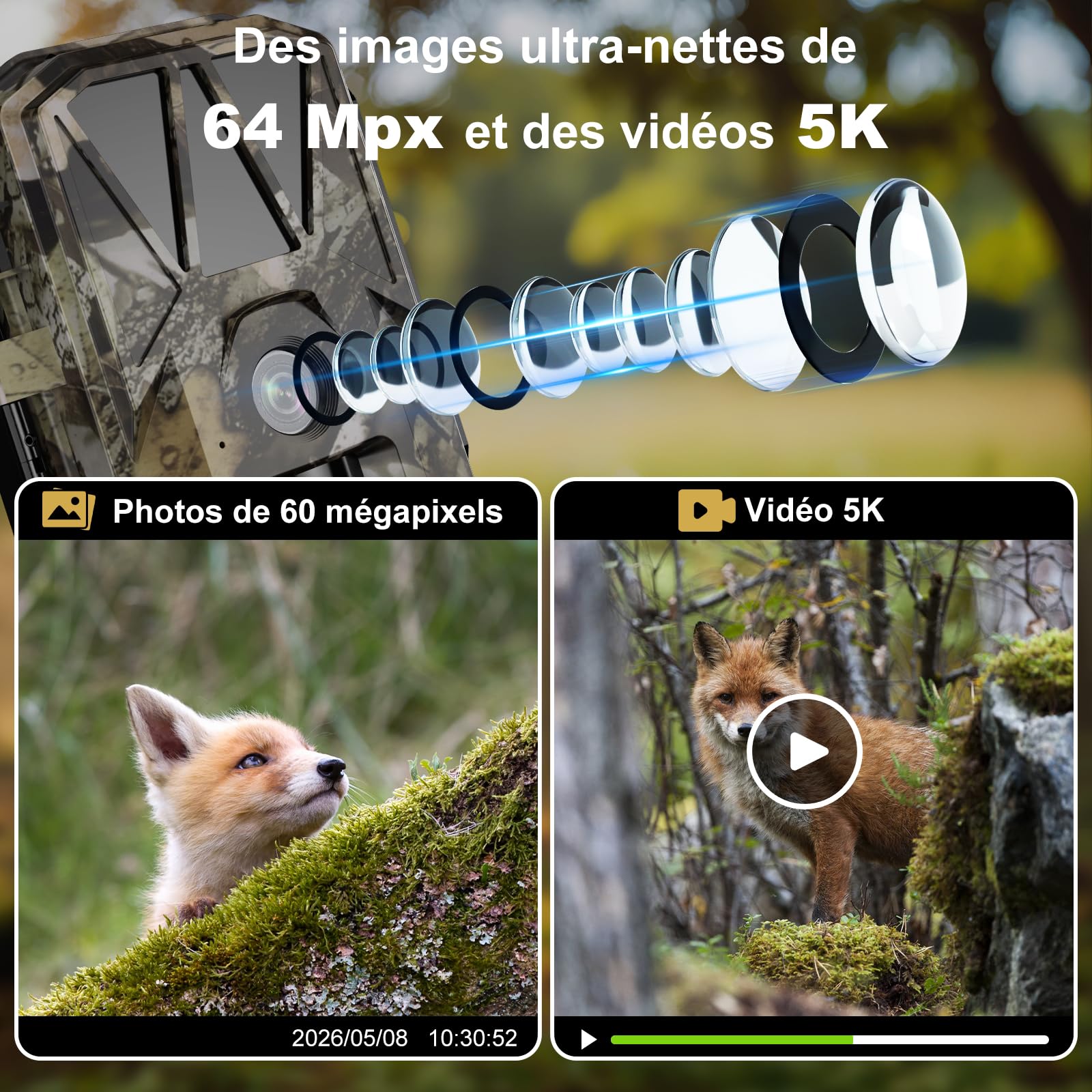 Caméra de Chasse Solaire 5K/64MP WiFi Rechargeable 10000mAh | Vision Nocturne Infrarouge, Grand Angle 120°, Étanche IP66, Carte 32GB Incluse Batterie Rechargeable