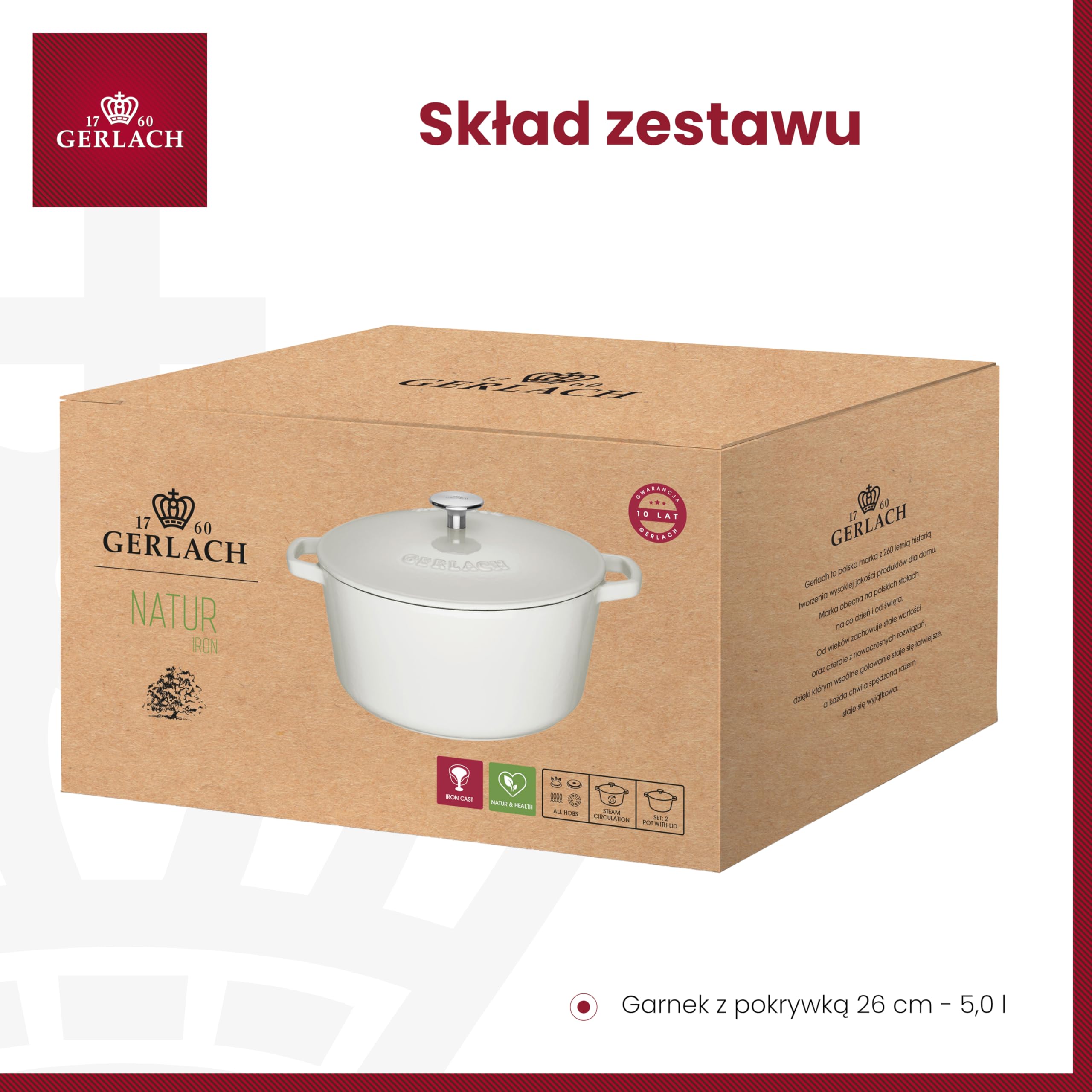 Gerlach Nature Iron Garnek Żeliwny 5 L z Pokrywką 26 cm na Indukcję Gas Garnek Emaliowany Garnek do Pieczenia Chleba Biały