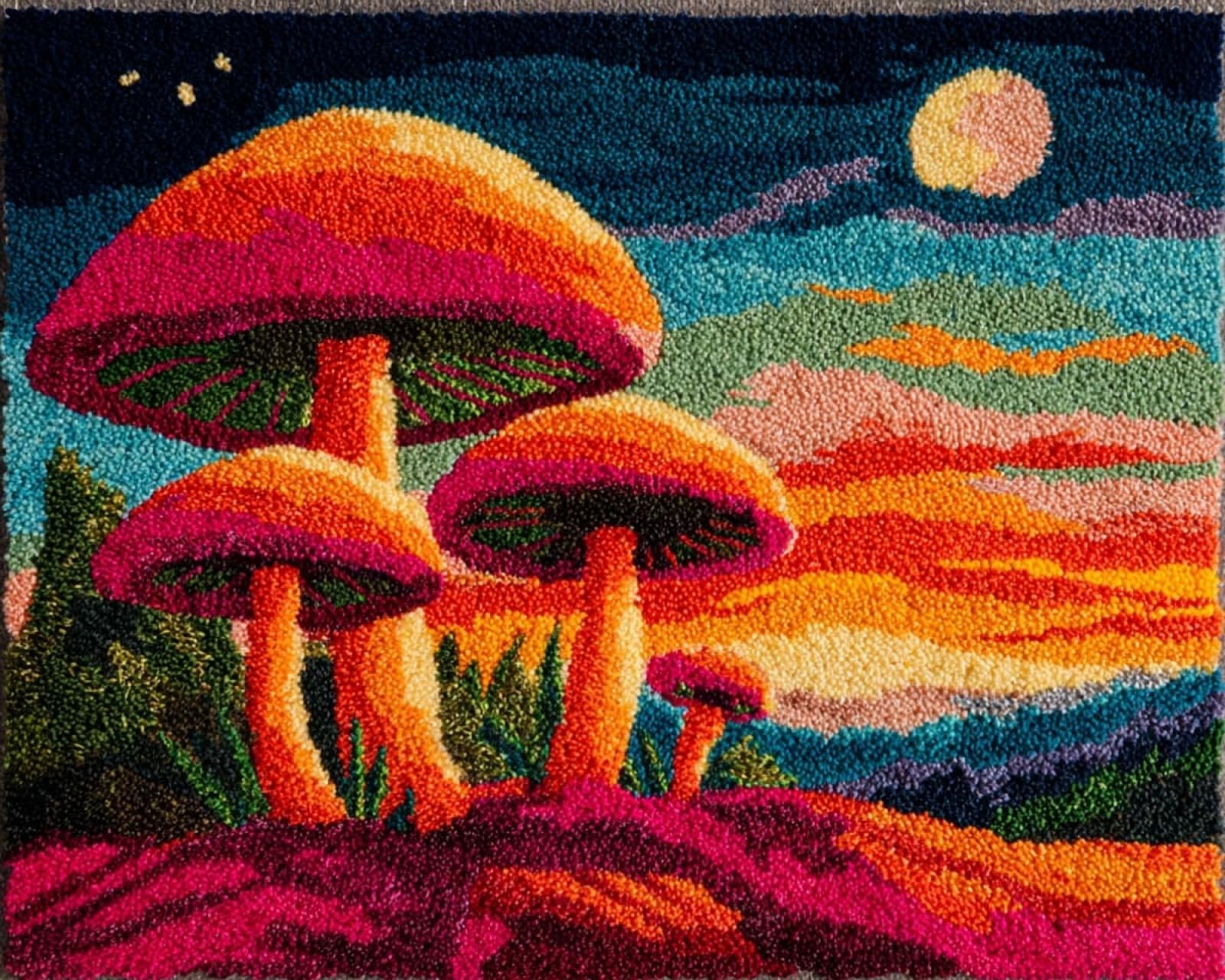 Wallphantom Latch Hook Kits Rugs,Amazing Mushrooms,Handmade Self Knotting Set,Tapestry Kits for Adults,Cushion Latch Hook Rug Pre-Printed Pattern Craft for Adults,80x115cm