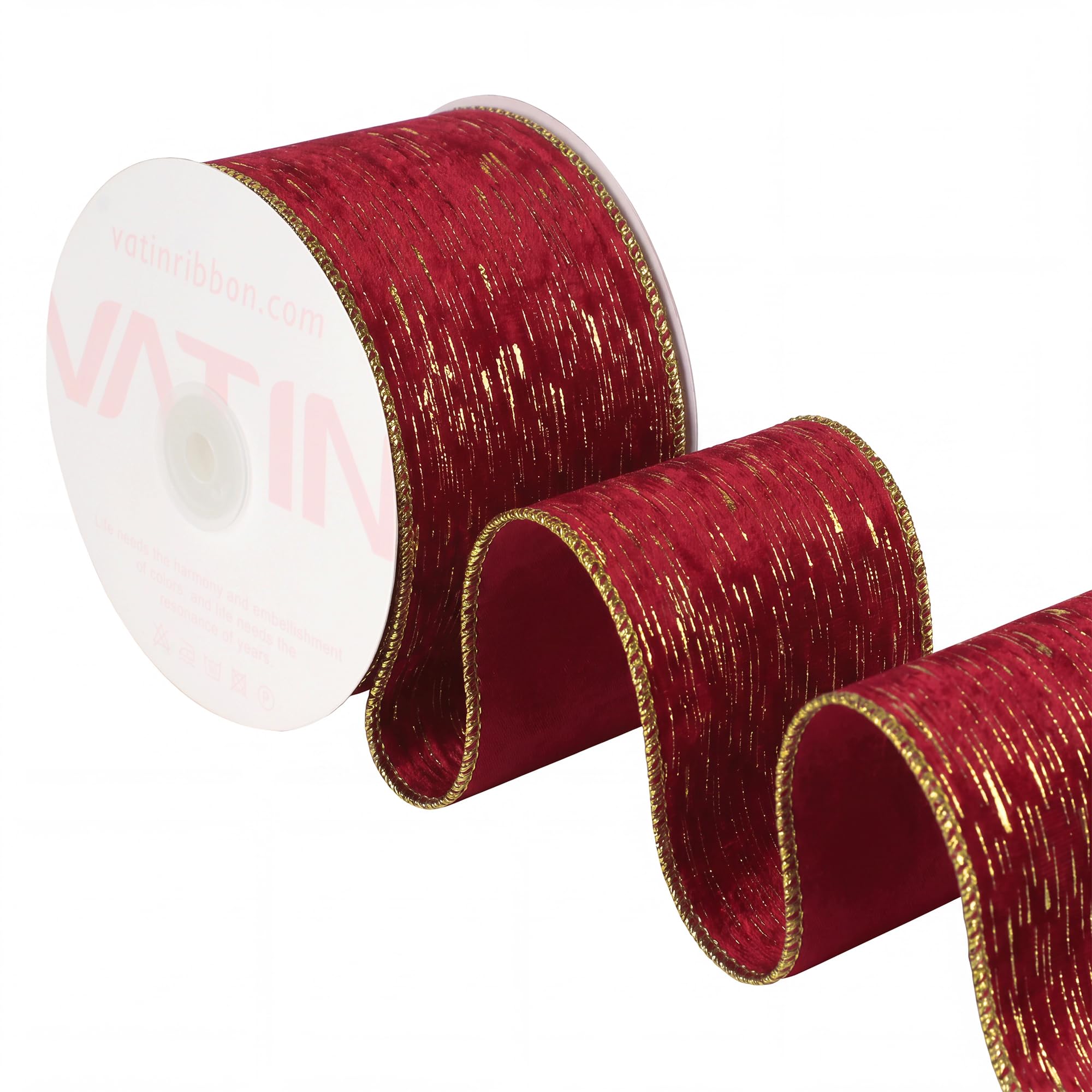 VATIN Red Base Gold Meteor Shower Wired Ribbon, 65 MM x 9 M, Christmas Decor