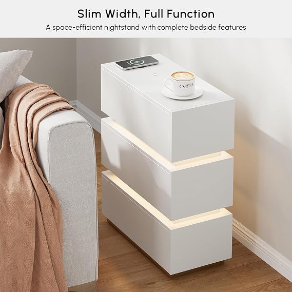 homary Narrow Smart Nightstand with Wireless Charging, USB & Type-C Ports, Modern LED Bedside Table with 3 Drawers, White Night Stand with Storage for Bedroom