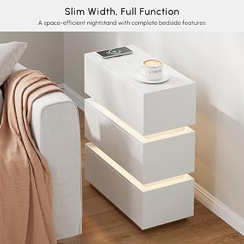 homary Narrow Smart Nightstand with Wireless Charging, USB & Type-C Ports, Modern LED Bedside Table with 3 Drawers, White Night Stand with Storage for Bedroom