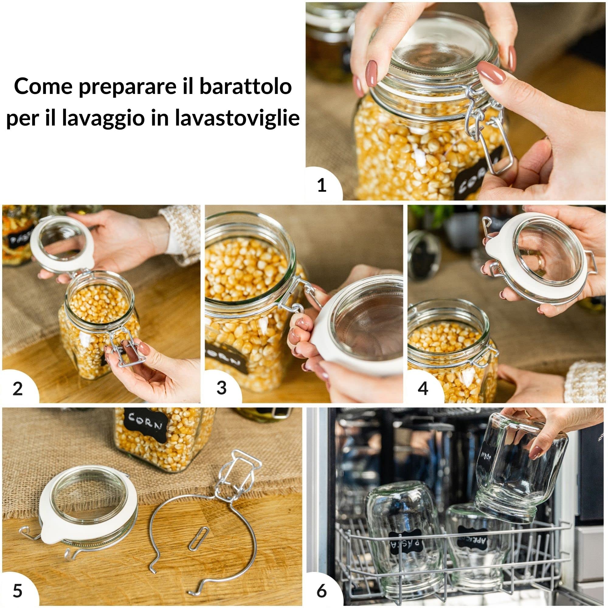 Creative Home Set 10 Barattoli in Vetro con Chiusura a Clip, 500 ml | 10 vasetti da 500 ml, vetro trasparente, chiusura a clip, 12 etichette, per sale zucchero caffè biscotti