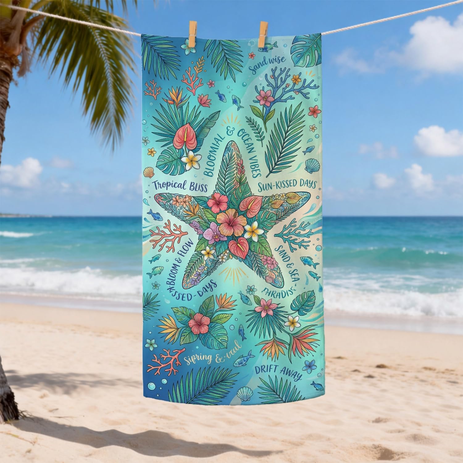 Tropical Starfish Microfiber Beach Towel Blue Ocean Quick Dry Lightweight Sand Free Oversized Beach Blanket, Perfect for Vacation Pool Camping Outdoor Travel 35x70 Inch