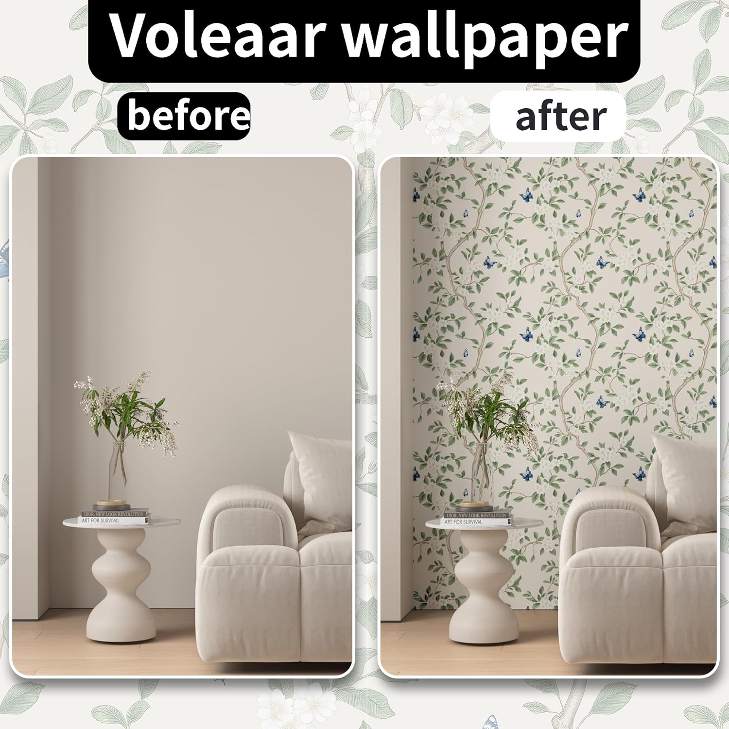 Extra Long Boho Floral Peel and Stick Wallpaper, 17.5In x 393In Chinoiserie Tree Flower Removable Wall Paper for Bedroom Bathroom Cubicle, Vintage Vinyl Botanical Contact Paper Beige Ivory