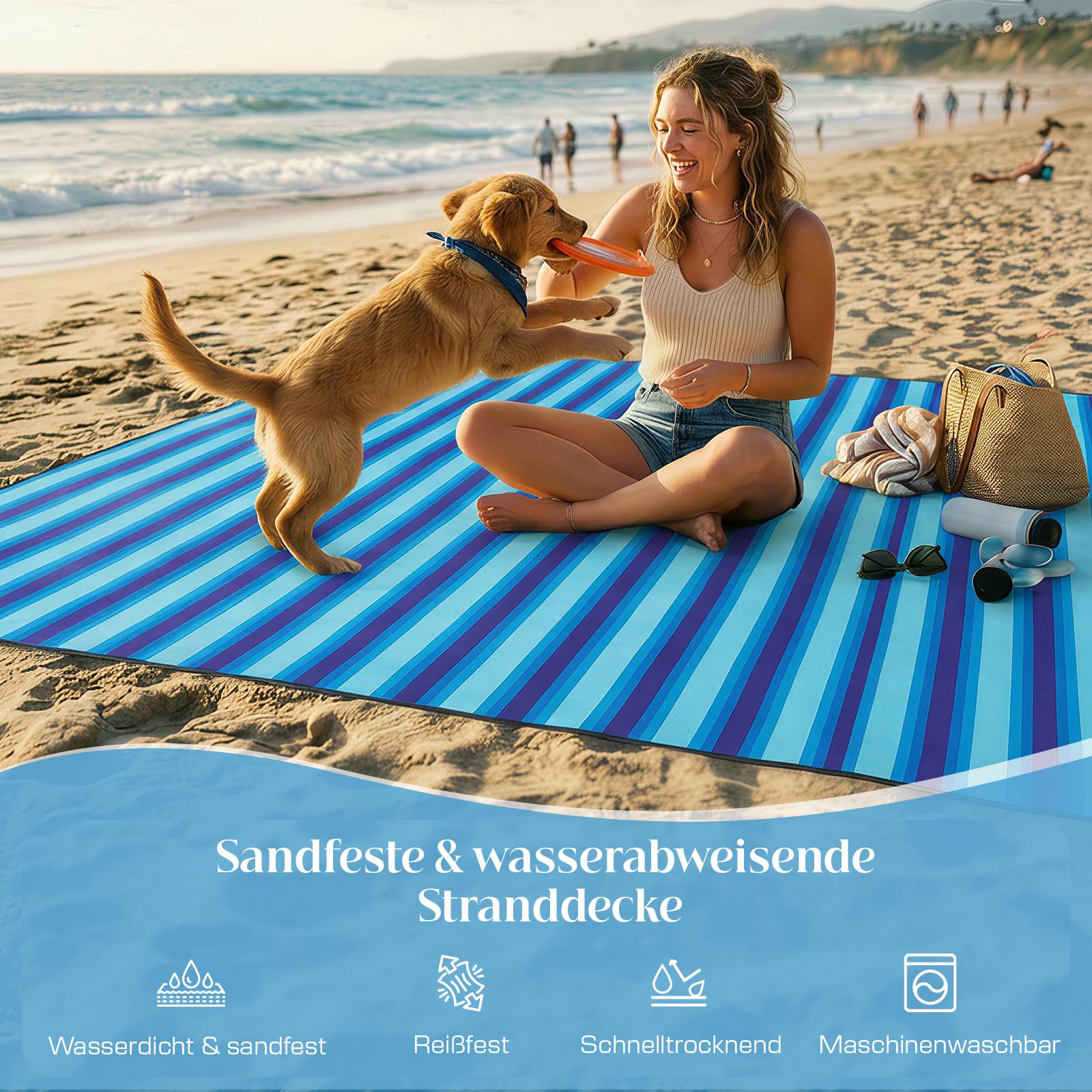 Picknickdecke XXL Wasserdicht Faltbar 304 x 304 cm, Sandfest Beachdecke Kompakt Waschbar Picknickmatte mit Karabiner& 6 Heringe, für Beach, Camping, Garten, Wandern, Blaue Streifen