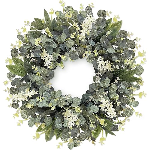 TURNMEON Artificial Eucalyptus Wreath, Spring Wreaths for Front Door with White Berries Mixed Green Leaves Flowers Door Wreath for Farmhouse Wall Window Greenery Summer Wreath DIY All Seasons 18 Inch