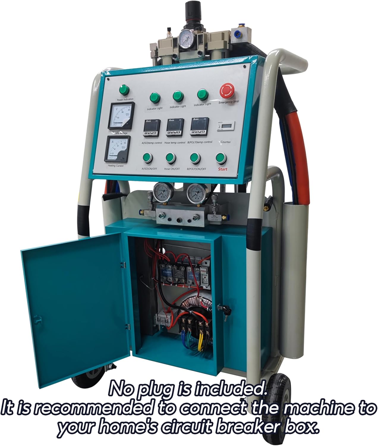 Open electrical cabinet of the sprayer showing internal wiring and a warning about power connection