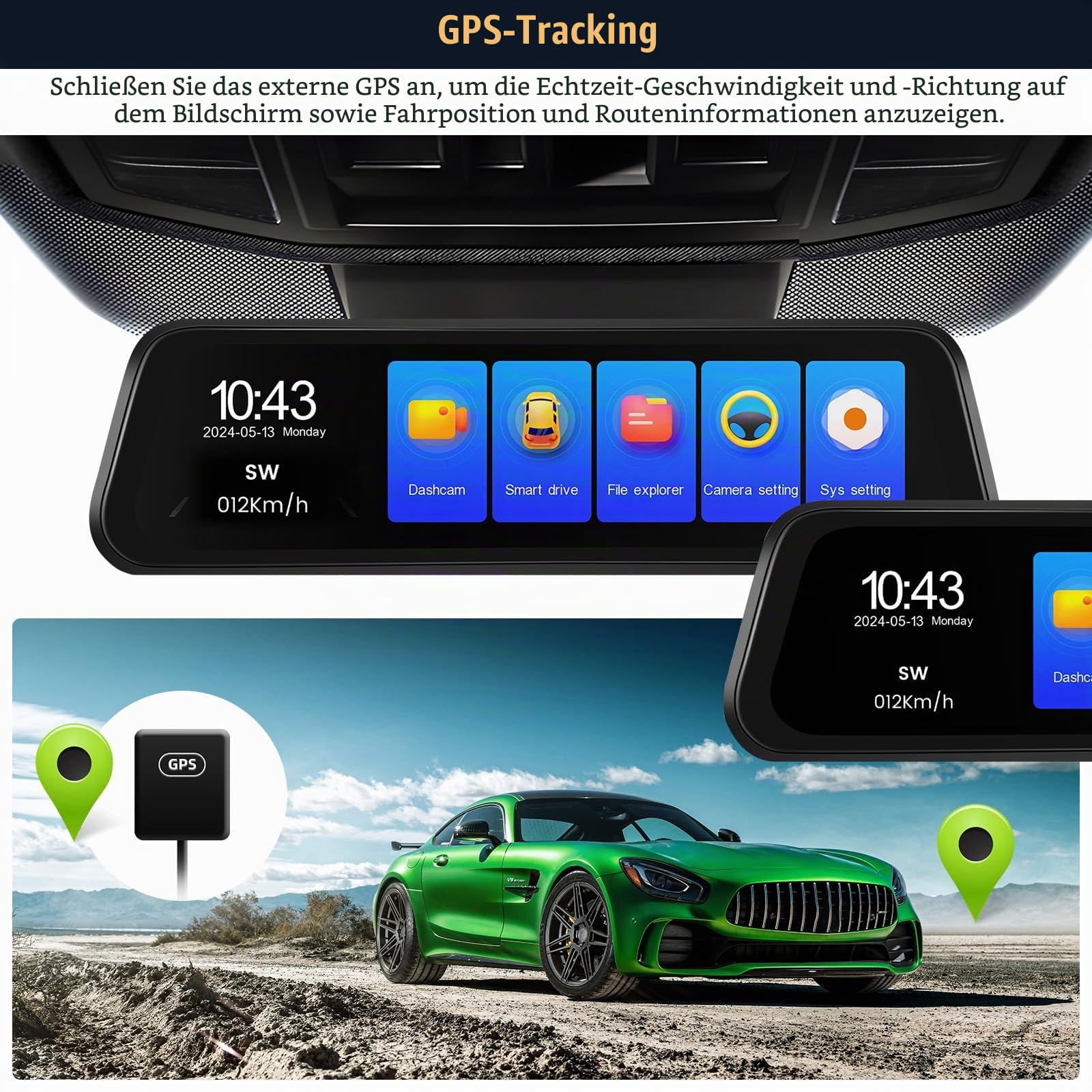 CAMECHO 9.66 Zoll Spiegel Dashcam 4K Dual Rückspiegel GPS Auto Kamera mit Rückfahrkamera 1080P mit IPS Touchscreen WiFi BSD ADAS G-Sensor 150 Grad Weitwinkel-Nachtsicht Loop-Aufnahme