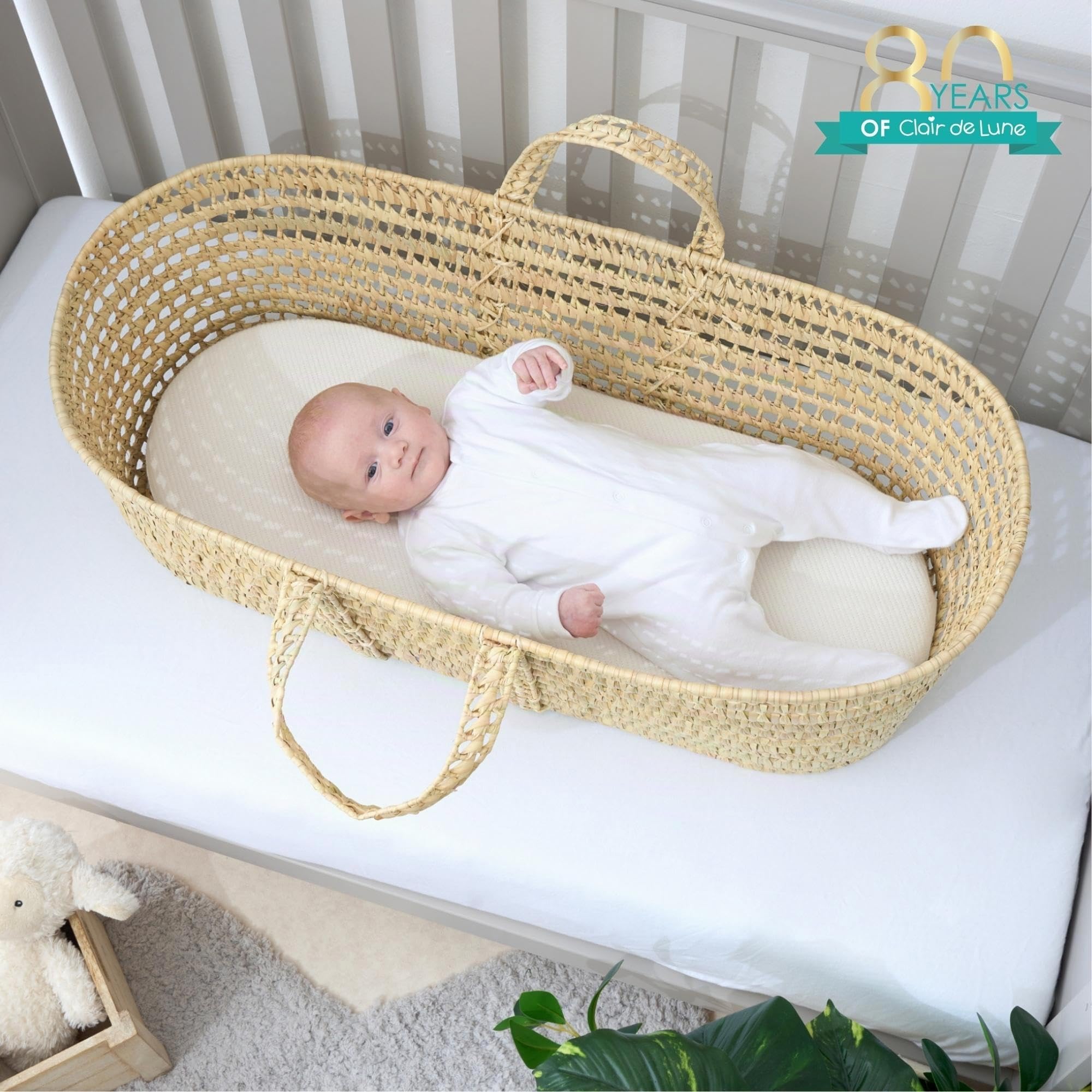 Clair de Lune Moisés de Palma Natural | Diseño Tejido a Mano y Transpirable | Esenciales para recién Nacidos | Adecuado Desde el Nacimiento | Tejido de Palma Natural 100% orgánico | Moisés Premium