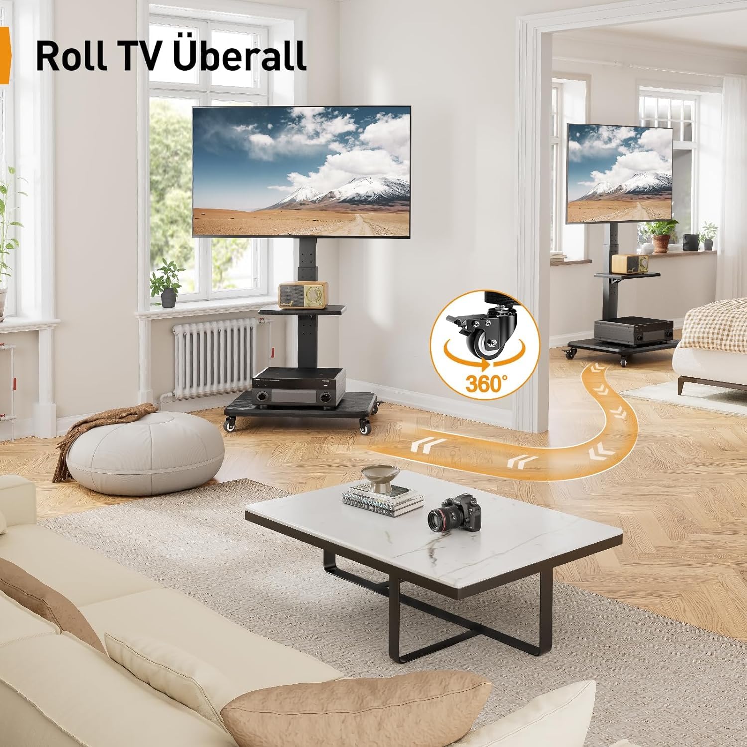 Supporto TV mobile Perlegear, carrello TV inclinabile e girevole per TV da 32 a 65 70 75 pollici fino a 50KG, supporto TV rotante regolabile in altezza con ruote, VESA massimo 600x400 mm