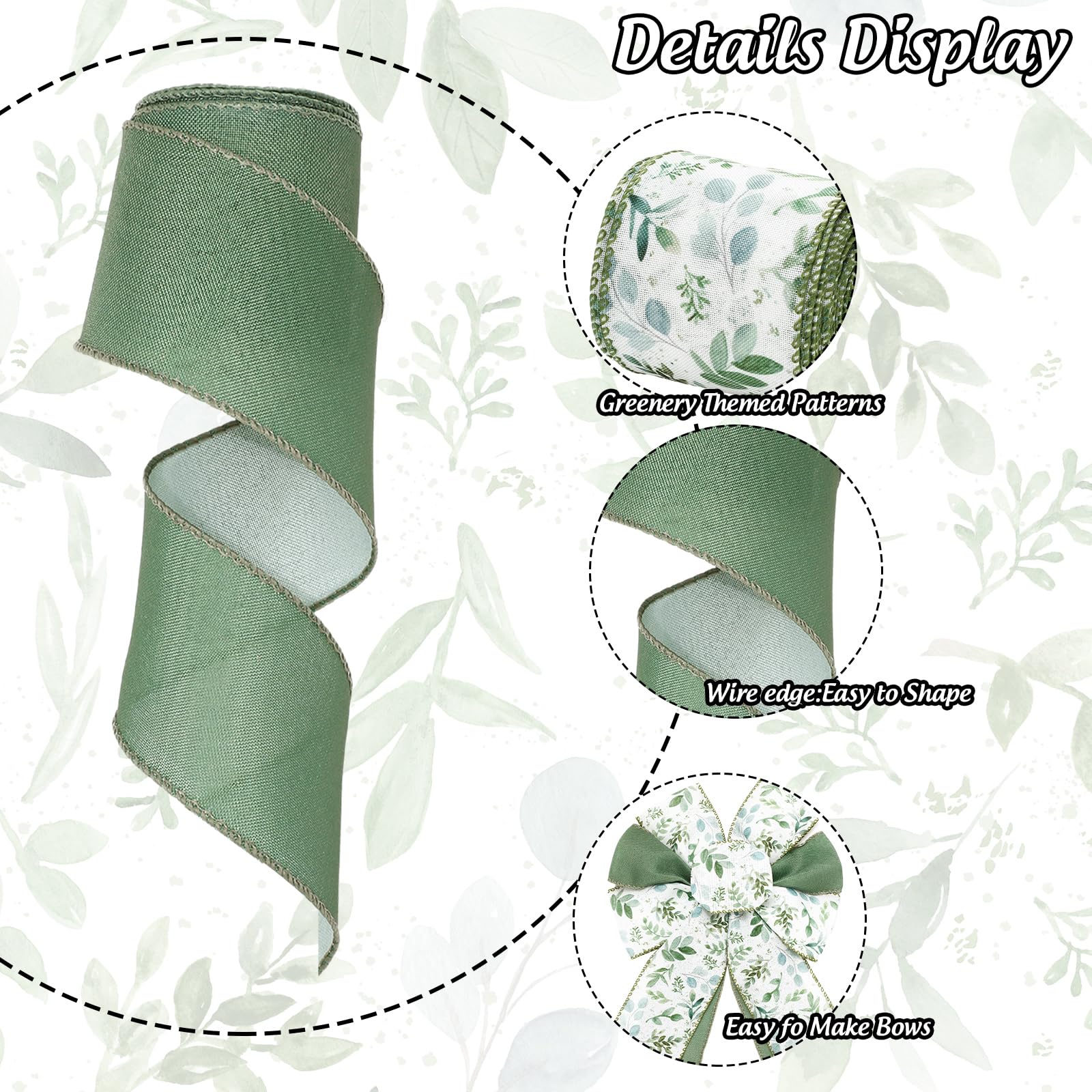 AnyDesign 4ロール ユーカリワイヤーエッジリボン - 24ヤード グリーンリーフ＆チェック柄クラフトリボン リース、リボン、ギフトラッピングに