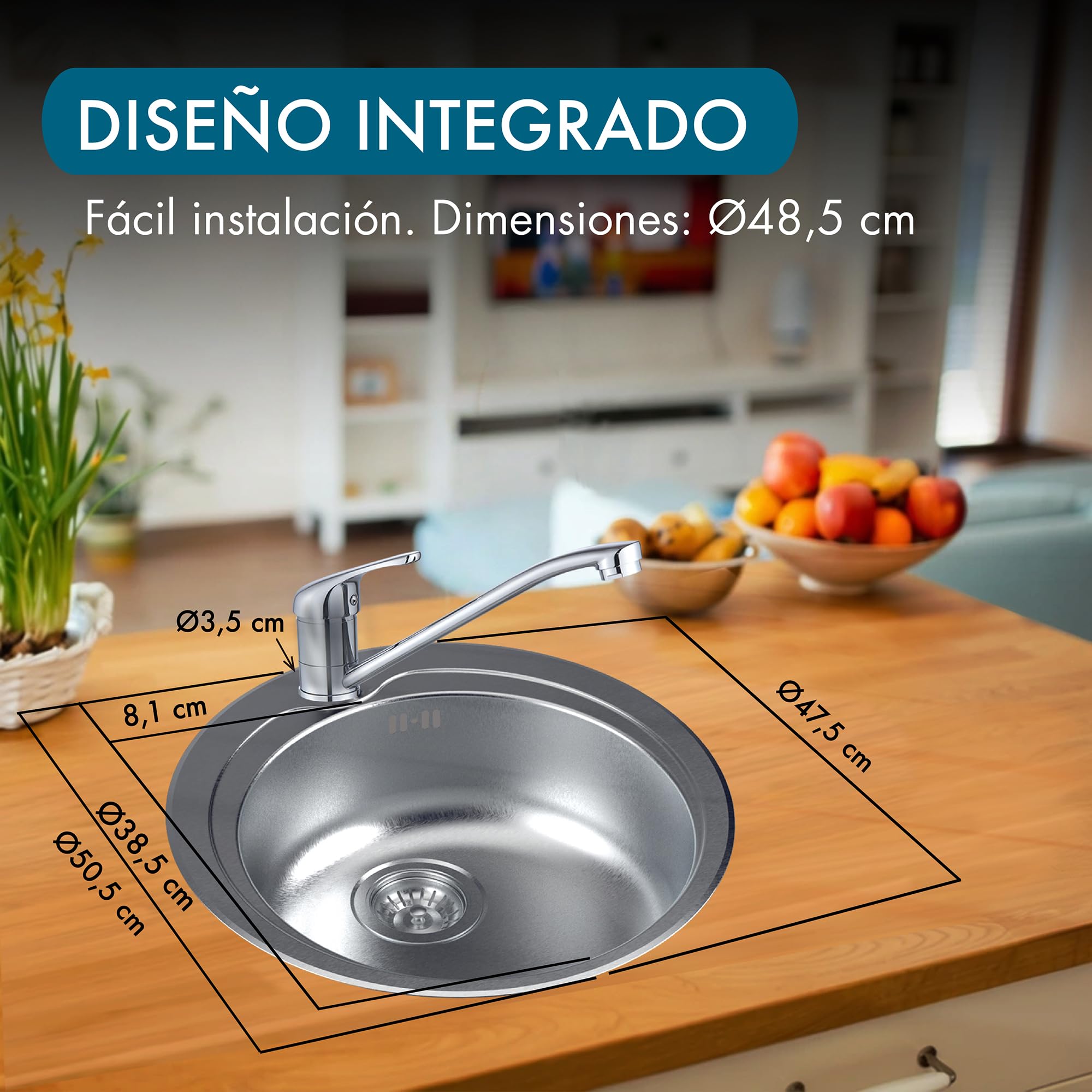 Fregadero Redondo Apelson ARC 38 Ø48,5 cm, Profundidad de 16 cm, Para Mueble de 45 cm, Incluye Sifón y Accesorios de Instalación, Acero Inoxidable