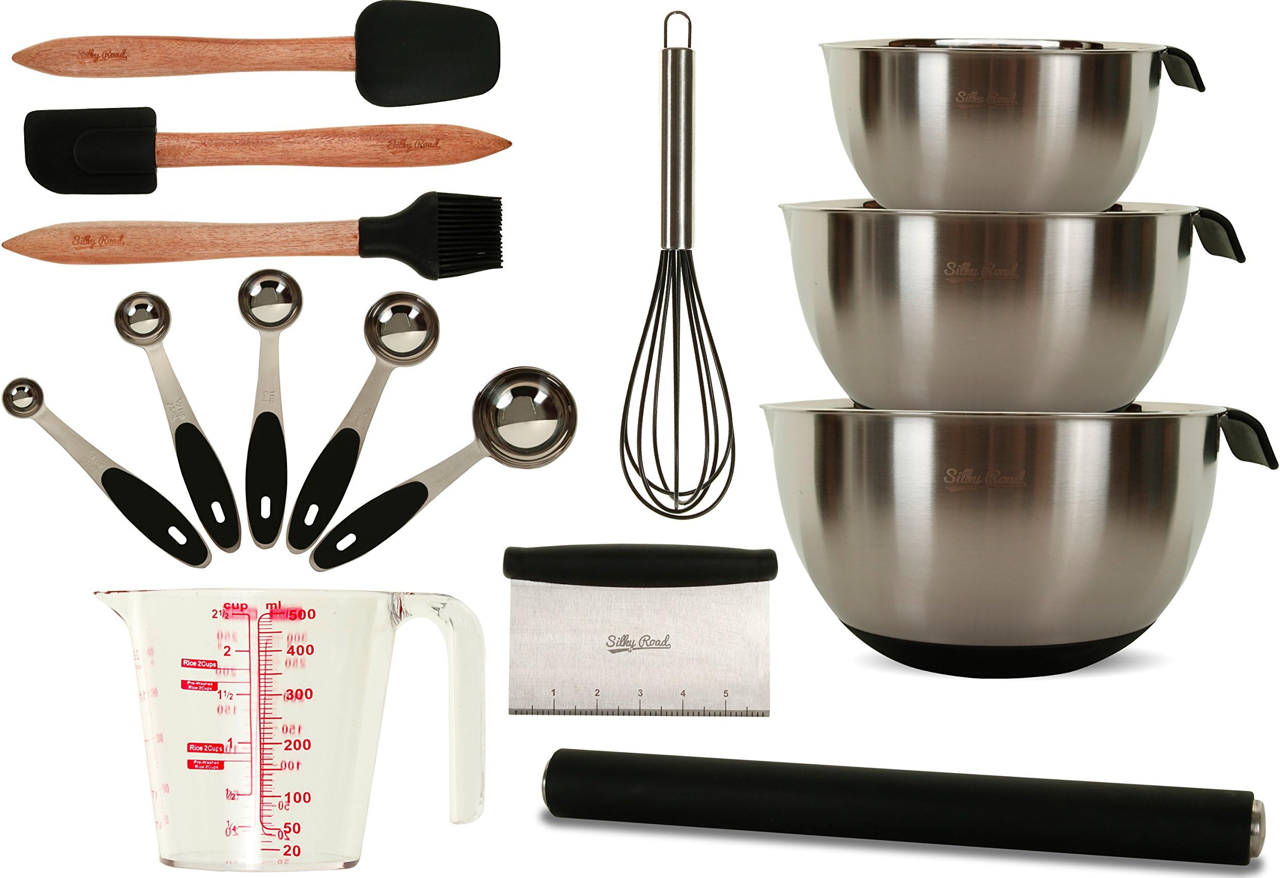 All-in-One 15-Piece Professional Baking Set - Stainless Steel & Silicone Bakeware - 3 Mixing Bowls - Rolling Pin - Measuring Cup + 5 Spoons - Basting Brush - Whisk - Spatula - Scraper - Dough Cutter
