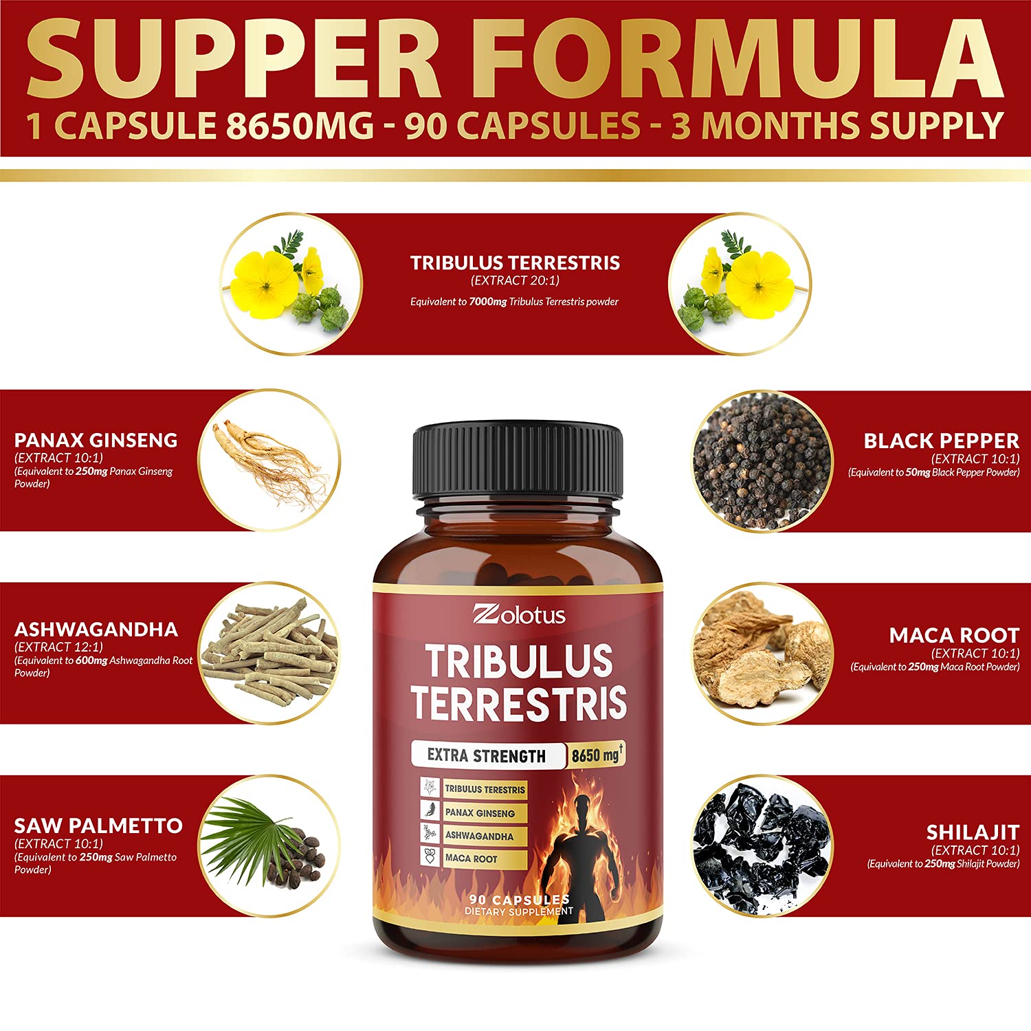 Buy Tribulus Terrestris, 8650mg Per Capsule, Highest Potency with Ashwagndha, Panax Ginseng, Saw