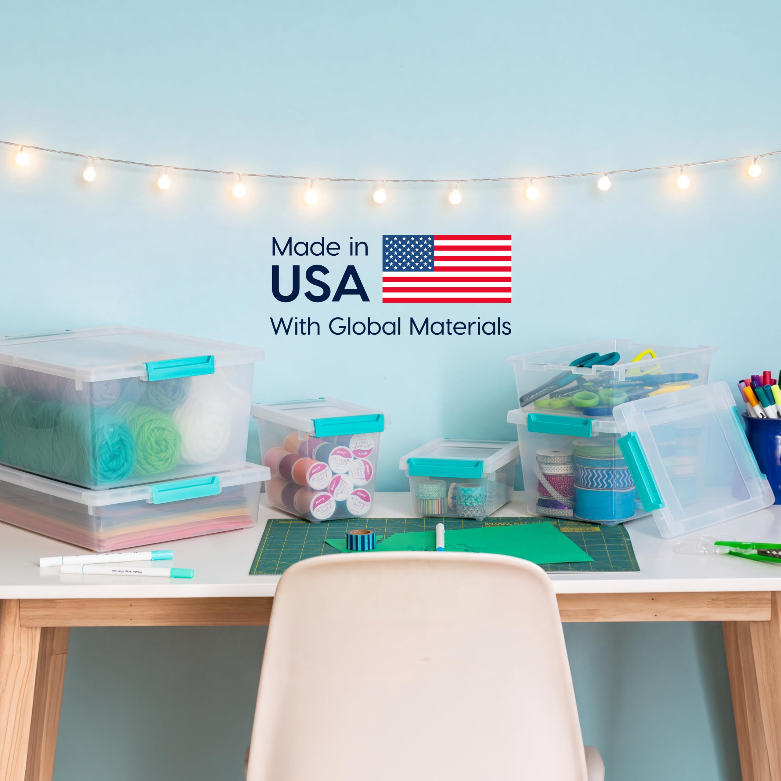 IRIS USA Lot de 4 bacs avec couvercles, boîte à clip, organisation et récipient de rangement pour bureau, école, enfants, salle d'artisanat, 6 litres, transparent/bleu écume de mer