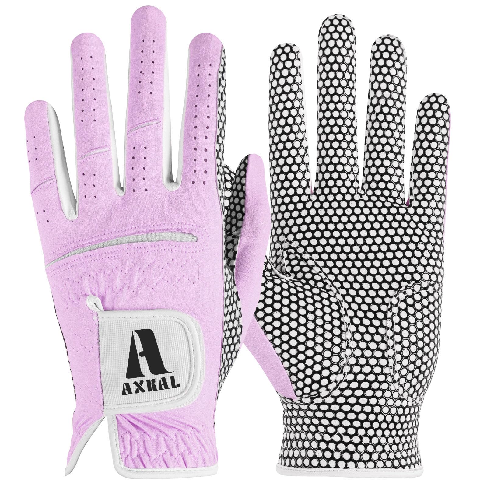 AXKAL Women Golf Gloves Enhanced Grip Comfortable 1 Pack Right Left Hand, Breathable Durable Hot Wet All-Weather Soft Ladies Golf Gloves Purple Pink for Sizes S M ML L XL (Purple, L, Left)
